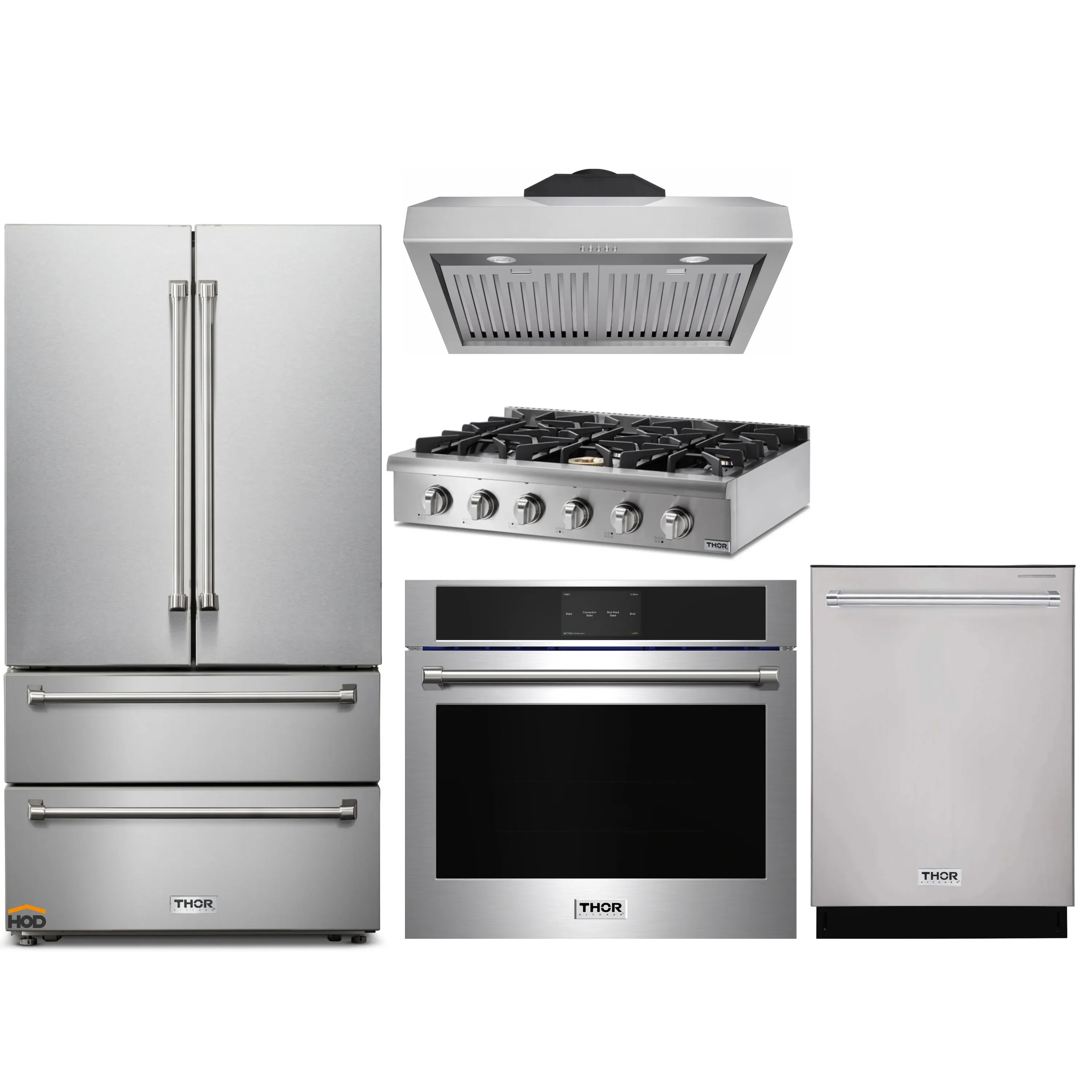 Thor Kitchen 5-Piece Pro Appliance Package - 36-Inch Rangetop, Electric Wall Oven, Under Cabinet Hood, Dishwasher & Refrigerator in Stainless Steel