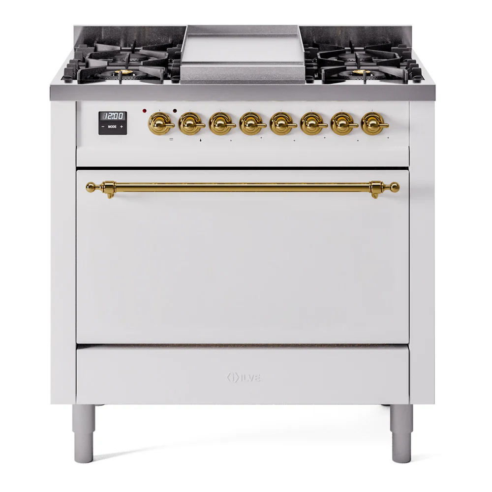 ILVE 36-Inch Nostalgie II Dual Fuel Range with 6 Burner and Solid Door Oven in White with Brass Trim (UP36FQNMPWHG)