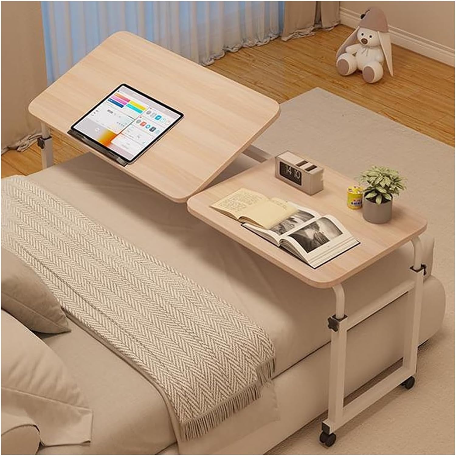 Overbed Desk,Overbed Table with Wheels, Queen King Size Overbed Table Wheels & Heavy Duty Metal Leg Desk Recliner for Home Use(Beige)(Beige)