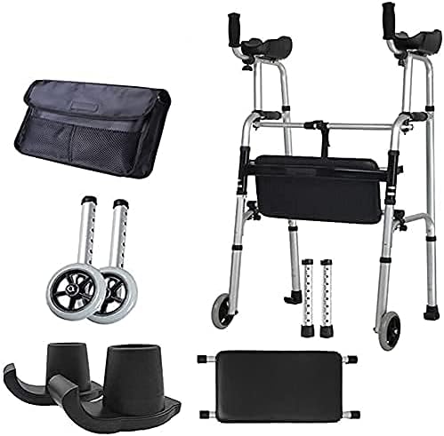 Walker for The Elderly Folding Upright Walker,Lightweight Rollator Walker,Support Arm Walker,Elderly Handrail, Walking Aid, Handicapped Person,Four-Foot Crutches (2 Rounds of Seat)