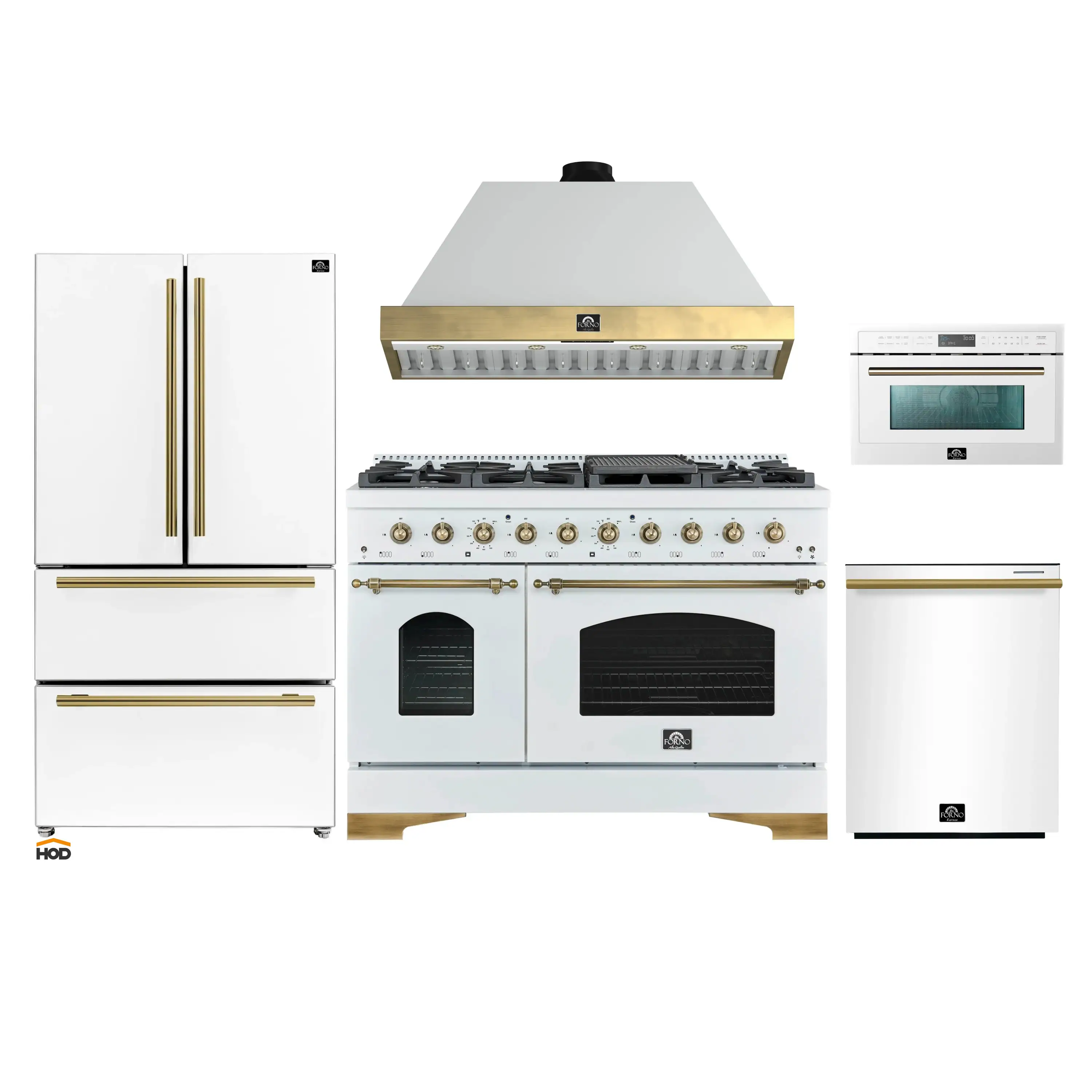 Forno Antico 5-Piece Appliance Package - 48-Inch Dual Fuel Range, 48-Inch Hood, 36-Inch Refrigerator, 24-Inch Dishwasher, & 30-Inch Microwave Oven in White with Antique Brass Trim