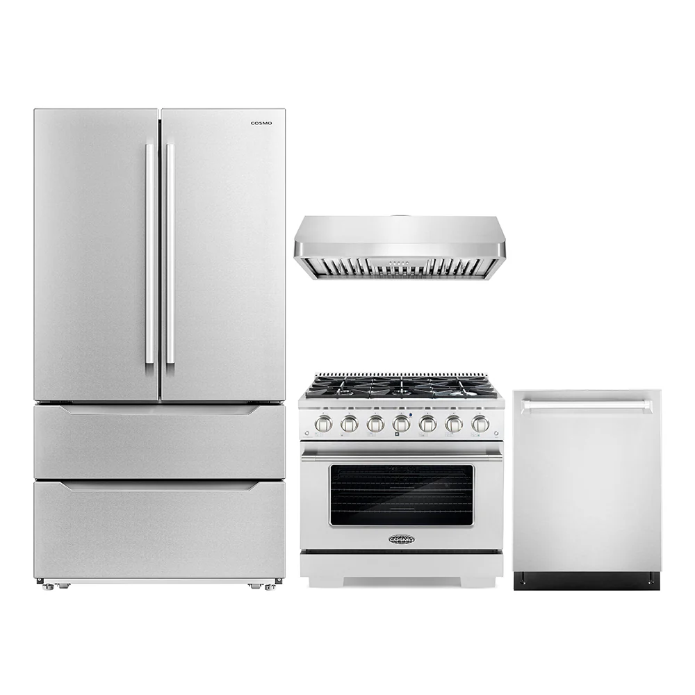 Cosmo 4-Piece Appliance Package - 36-Inch Gas Range, Under Cabinet Range Hood, Dishwasher and Refrigerator in Stainless Steel (COS-4PKG-197)