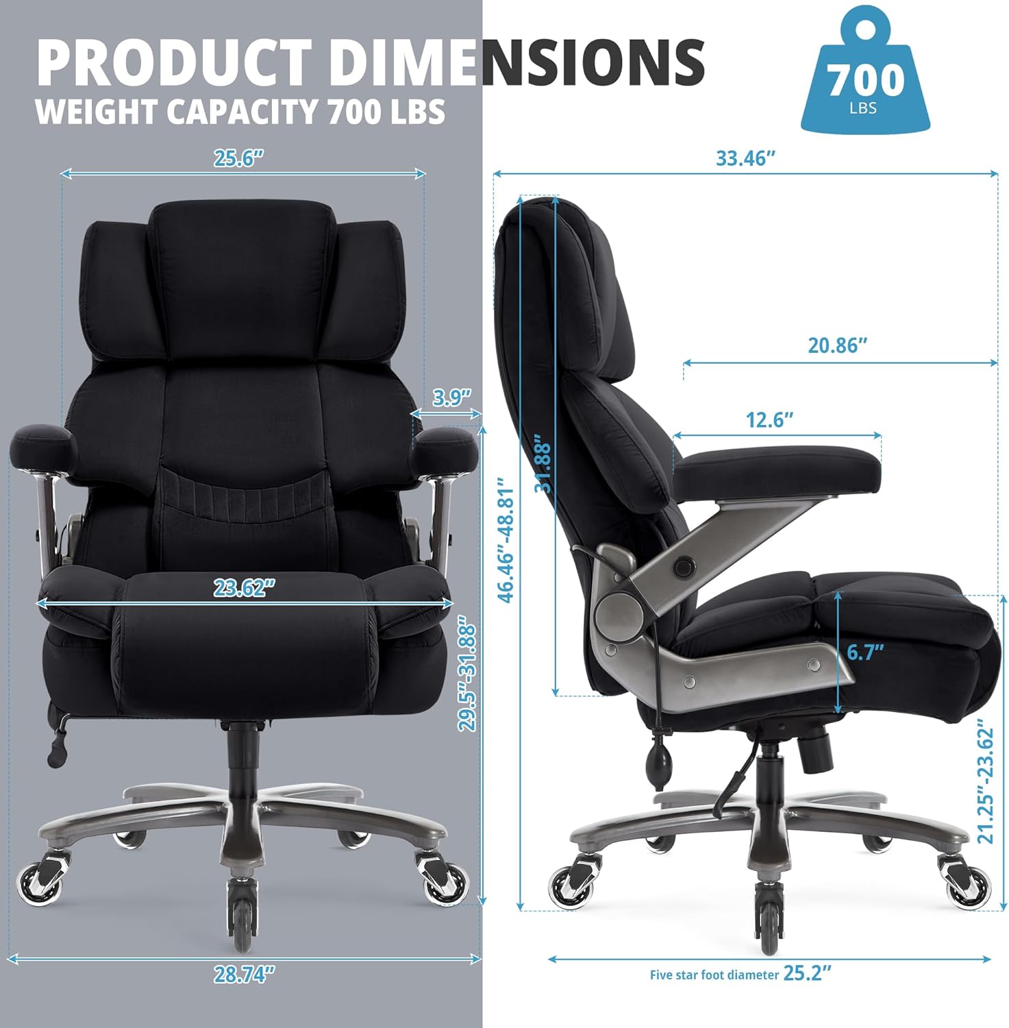 Fabric Big and Tall Office Chair 700lbs-High Back Executive Cloth Computer Chair with Adjustable Lumbar Support 3D Flip Arms Plus Size Rubber Wheels-Extra Wide Large Desk Chairs, Heavy Duty Metal Base