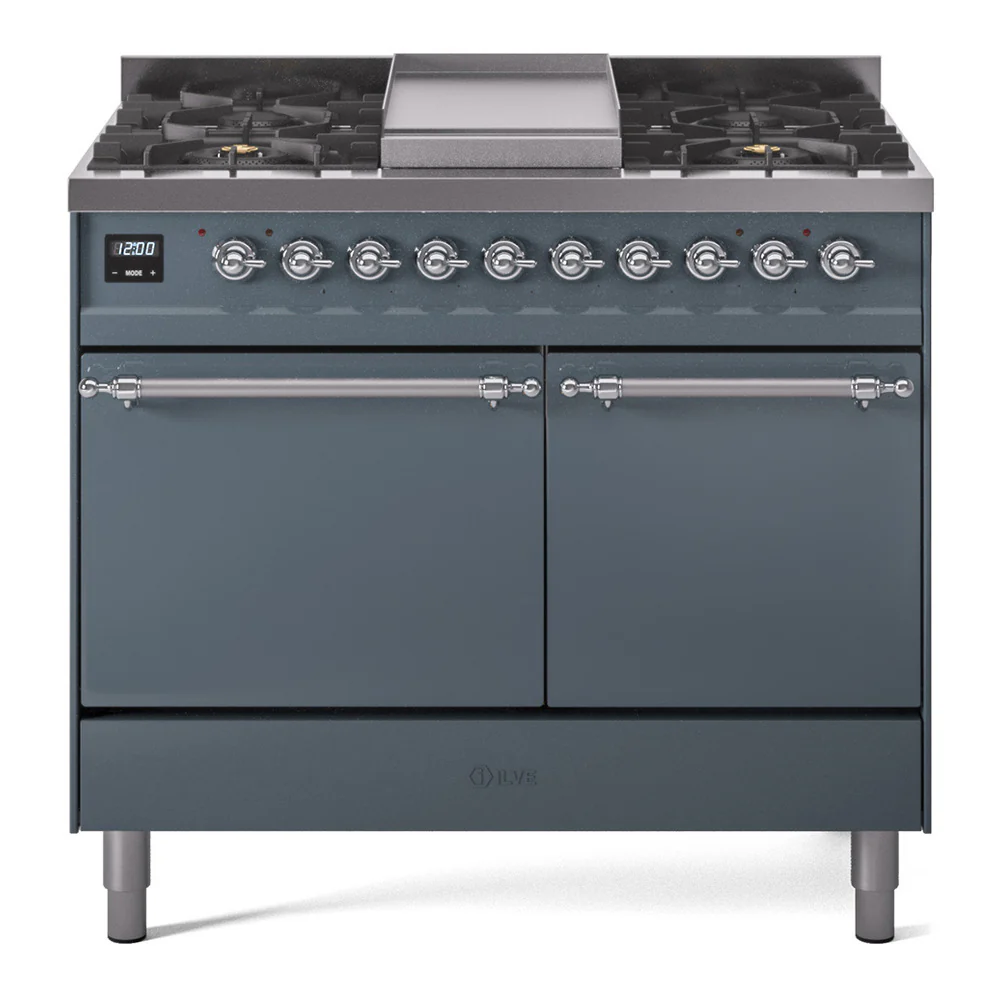 ILVE 40-Inch Nostalgie II Dual Fuel Range with 6 Burners, Griddle and Solid Door Oven in Blue Grey with Chrome Trim (UPD40FQNMPBGC)
