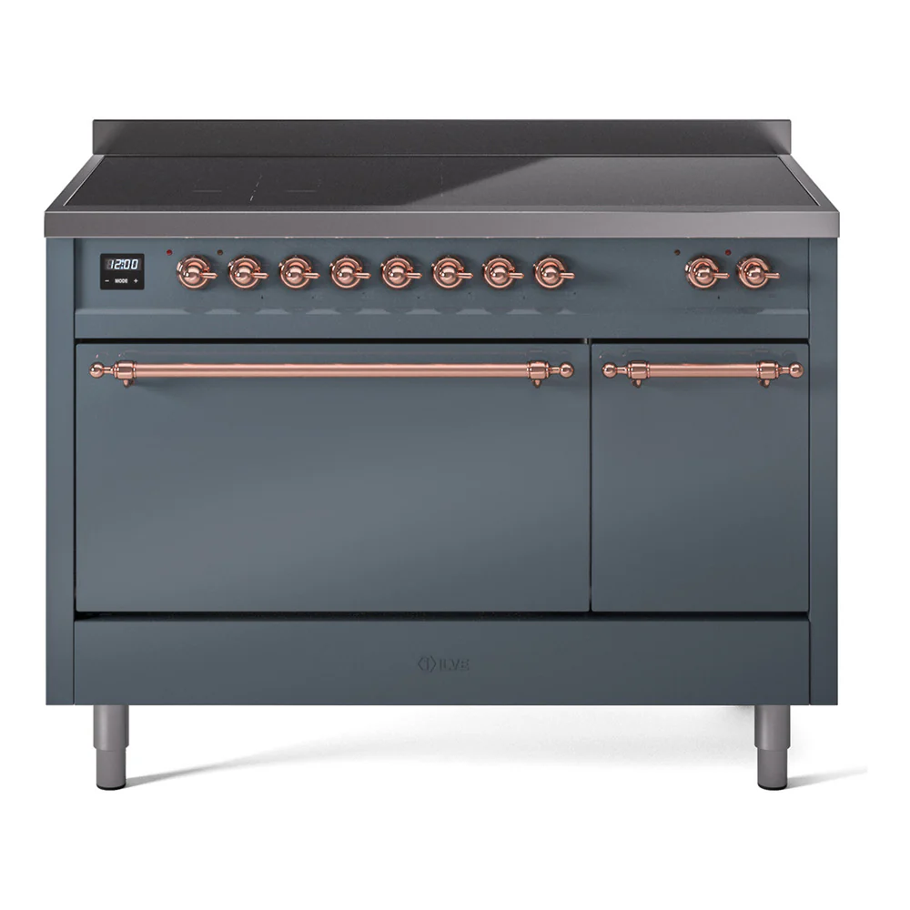 ILVE 48-Inch Nostalgie II Induction Range with Solid Door Oven in Blue Grey with Copper Trim (UPI486QNMPBGP)