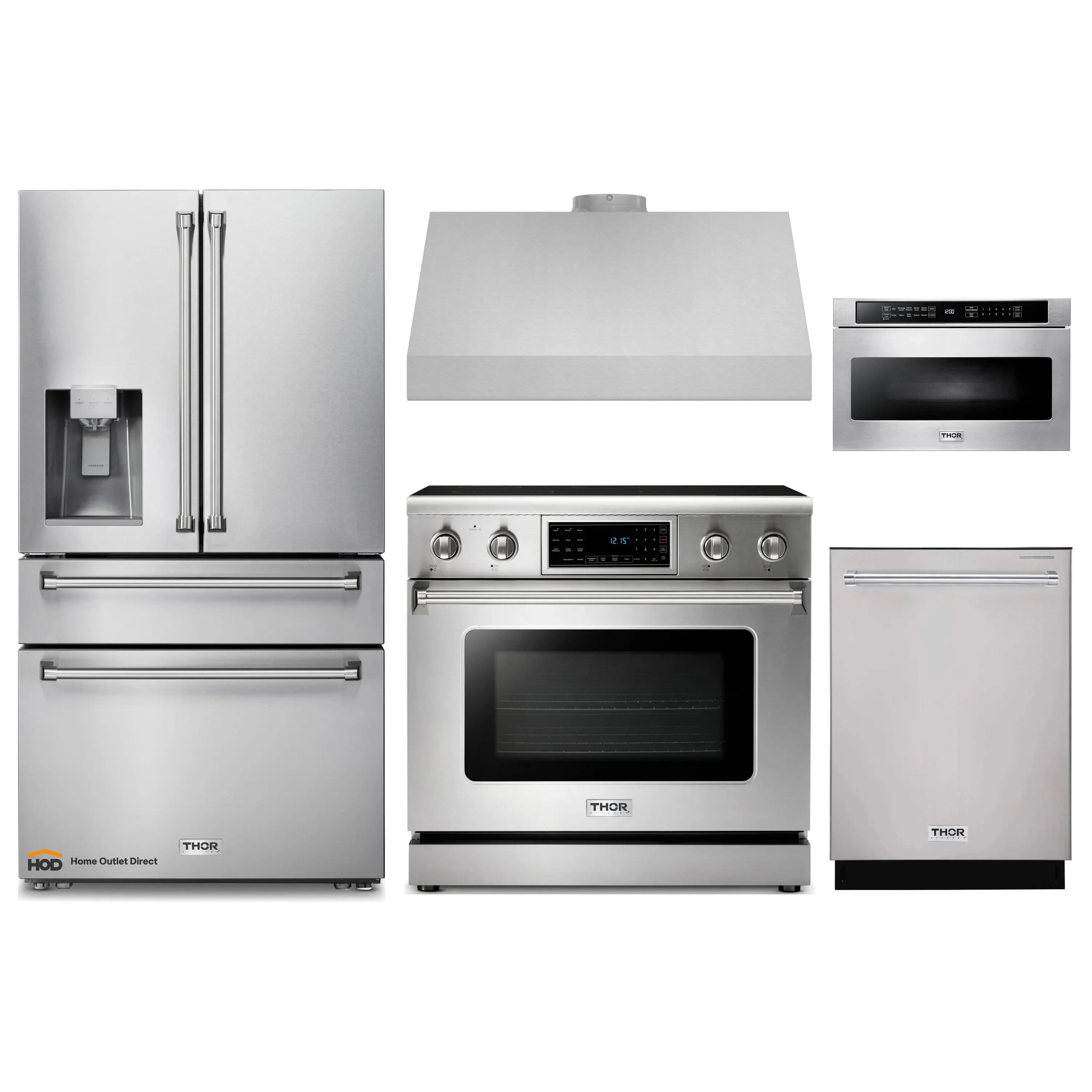Thor Kitchen 5-Piece Appliance Package - 36-Inch Electric Range with Tilt Panel, Refrigerator with Water Dispenser, Under Cabinet Hood, Dishwasher, & Microwave Drawer in Stainless Steel