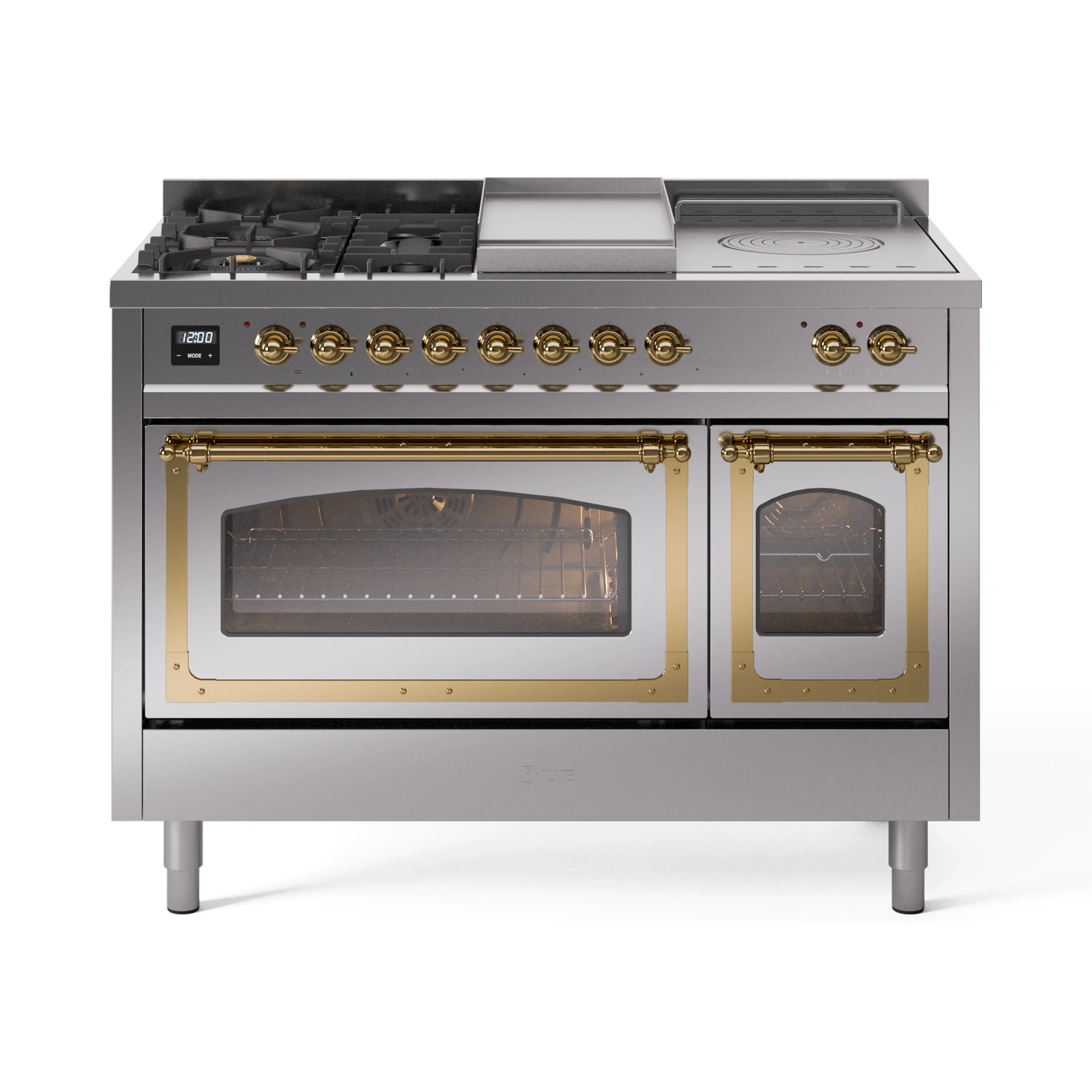 ILVE 48-Inch Nostalgie II Noblesse Dual Fuel Range with 5 Sealed Burners, Griddle, French Top and Triple Glass Door Oven in Stainless Steel with Brass Trim (UN48FSNMPSSG)