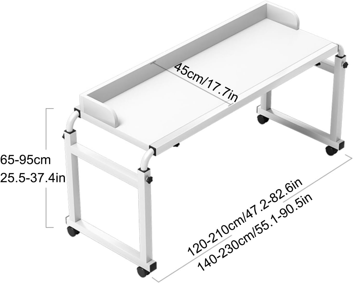 Adjustable Height & Length Laptop Bed Table, Rolling Standing Desk, Overbed Table with 360° Wheels, Queen Size Mobile Bed Desk, with Heavy Duty Metal Leg(White,140cm/55.1in)