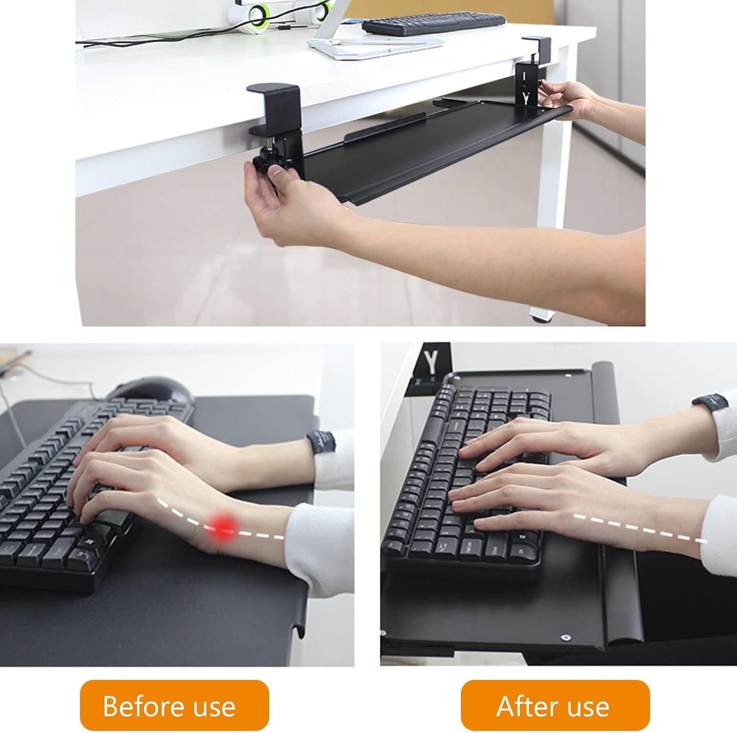 Arm Rest Computer Keyboard Support Bracket - Under The Desk Drawer Keyboard Shelf - Punch-Free Installation - White/Black Steel Keyboard Tray, Load 25Kg, with Ball Slides,Black-60cmx20cm(24x8Inch)