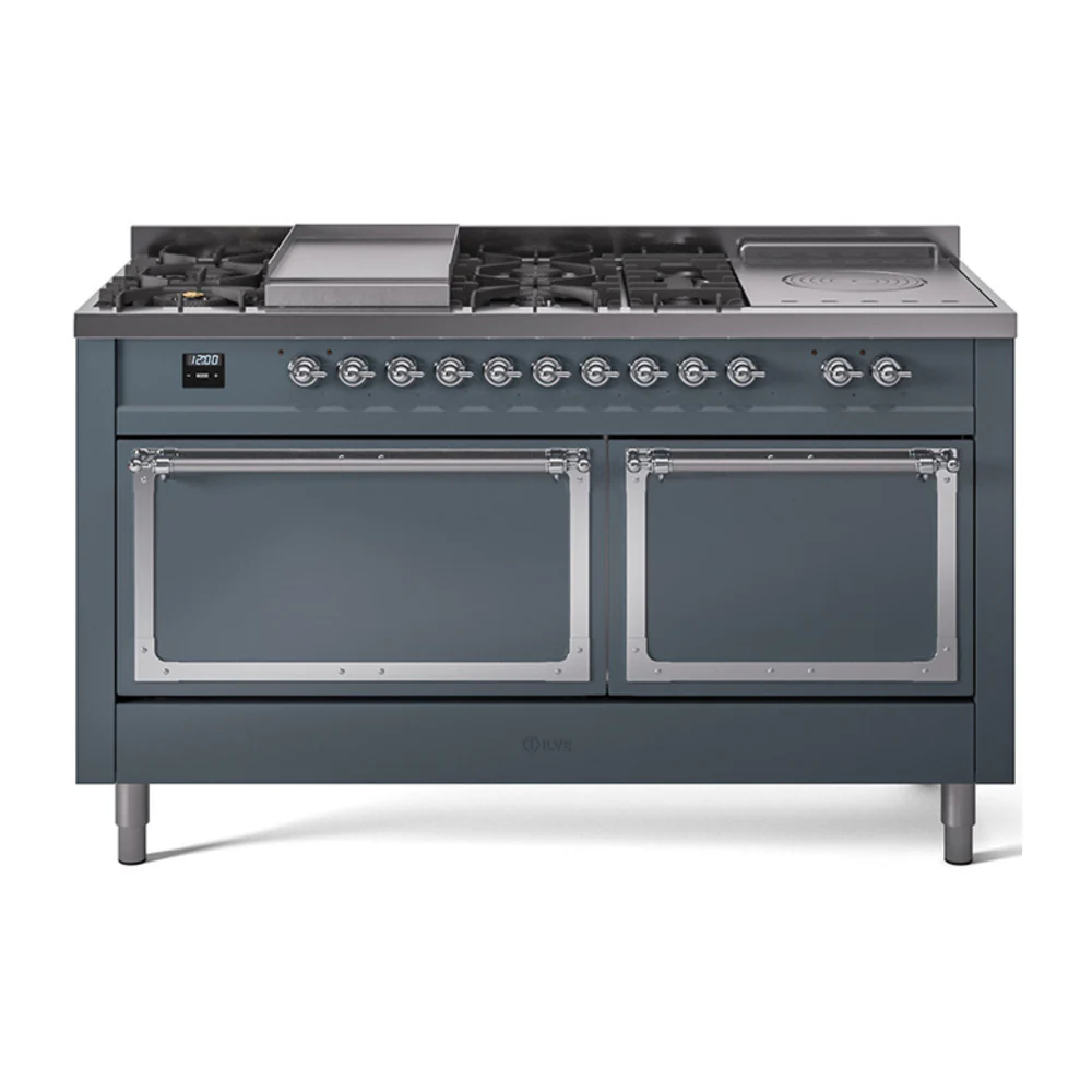 ILVE 60-Inch Nostalgie II Noblesse Dual Fuel Range with 7 Sealed Burners, Gridlde, French Top, and Solid Door Oven in Blue Grey with Chrome Trim (UN60FSQNMPBGC)
