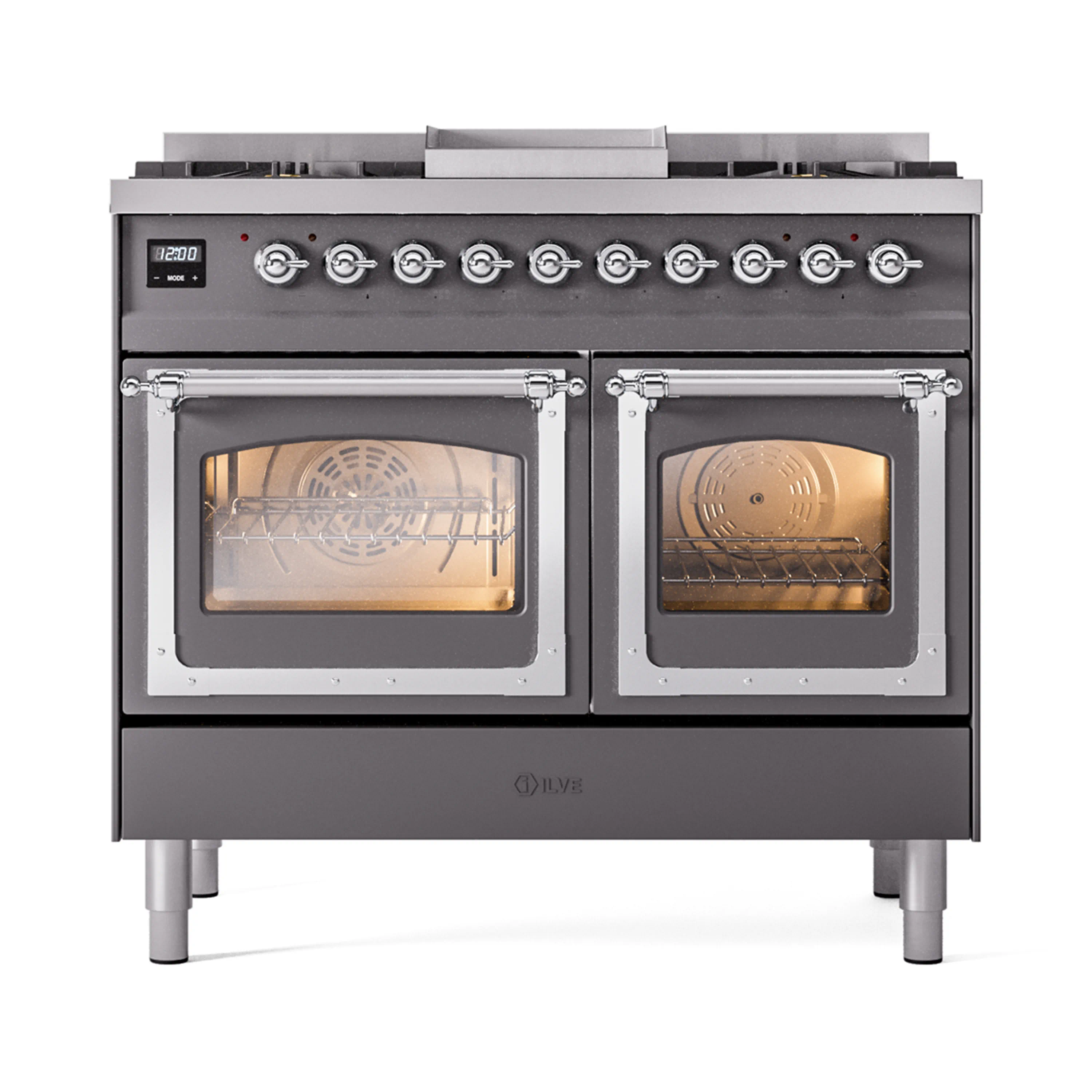 ILVE 40-Inch Nostalgie II Noblesse Dual Fuel Range with Triple Glass Door Oven in Matte Graphite with Chrome Trim (UND40FNMPMGC)
