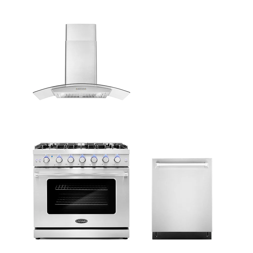 Cosmo 3 - Piece Appliance Package - 36-Inch Gas Range, 36-Inch Wall Mount Range Hood and 24-Inch Dishwasher (COS-3PKG-036)