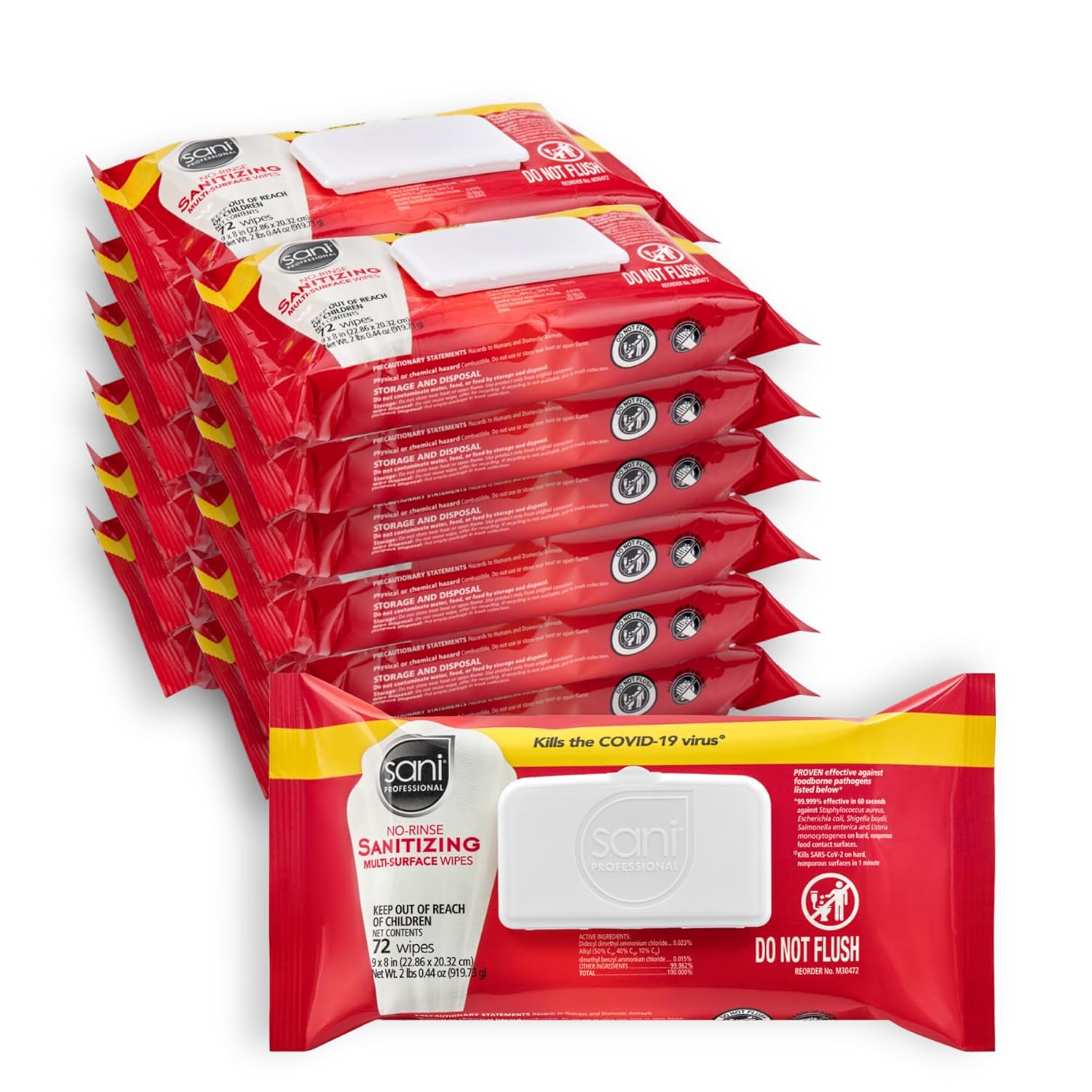 PDI Sani-Professional No-Rinse Sanitizing Multi-Surface Food Service Wipes Softpack, For Restaurants, Kitchen, and Home Use, Pack of 12, 72 Wipes Each