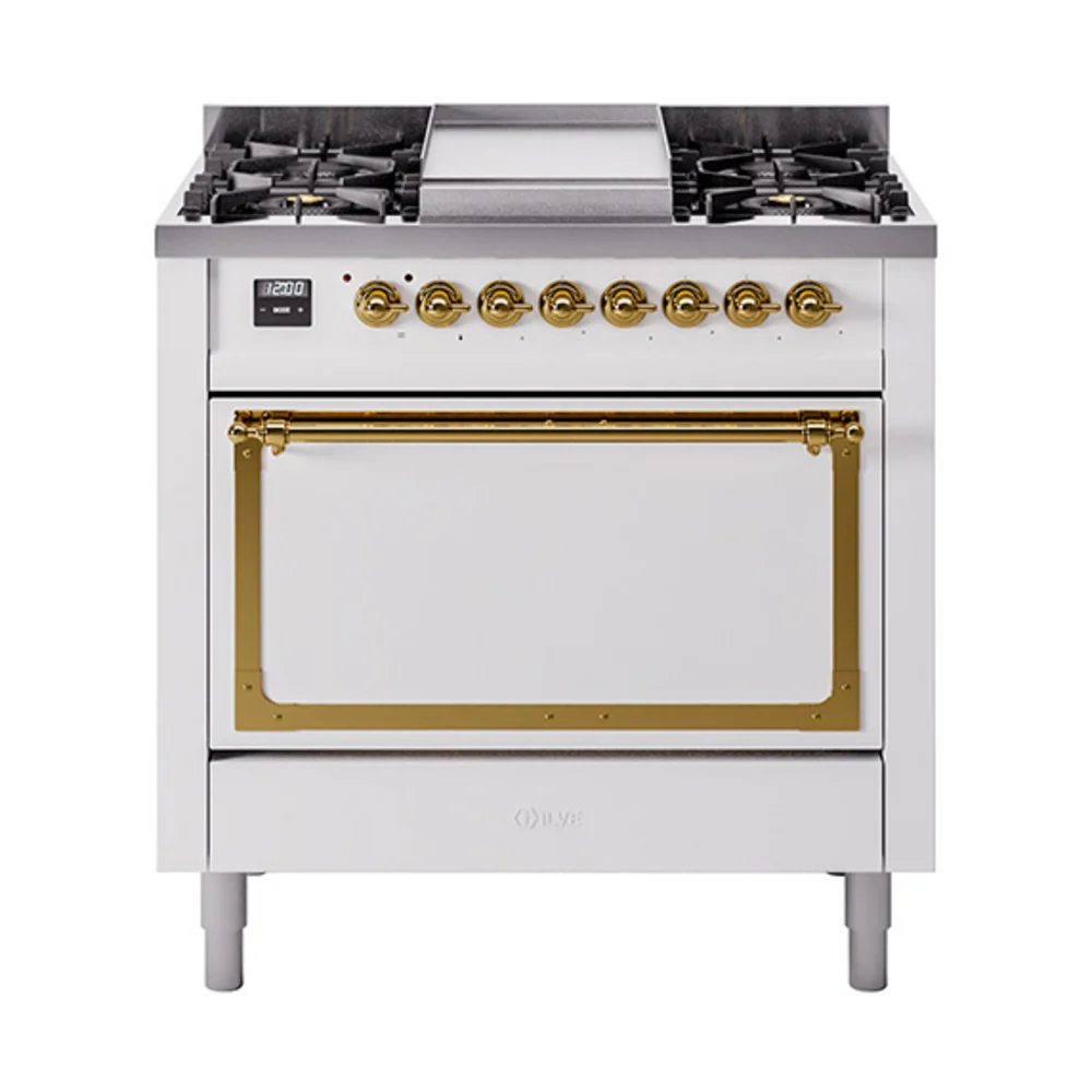 ILVE Nostalgie II Noblesse 36-Inch Dual Fuel Range and Solid Door Oven in White with Brass Trim (UN36FQNMPWHG)