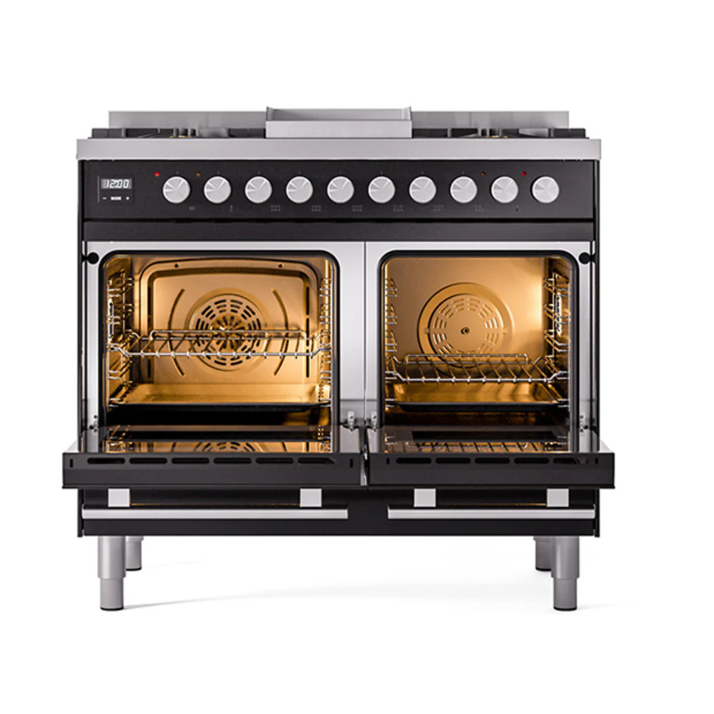 ILVE 40-inch Professional Plus II Dual Fuel Range with Solid Door Oven in Glossy Black (UPD40FQMPBK)