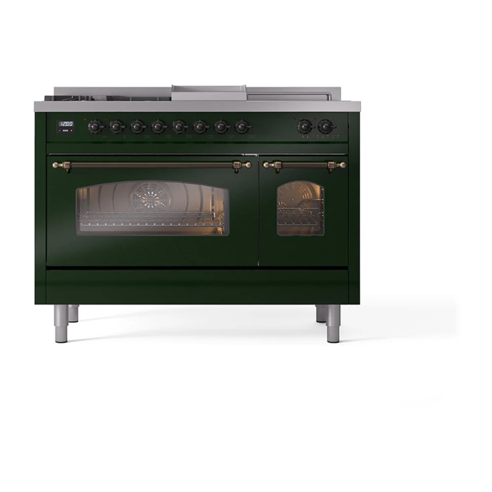 ILVE Nostalgie II 48-Inch Dual Fuel Range with 5 Burners, Griddle, & French Top with Triple Glass Door Oven in Emerald Green with Bronze Trim (UP48FSNMPEGB)