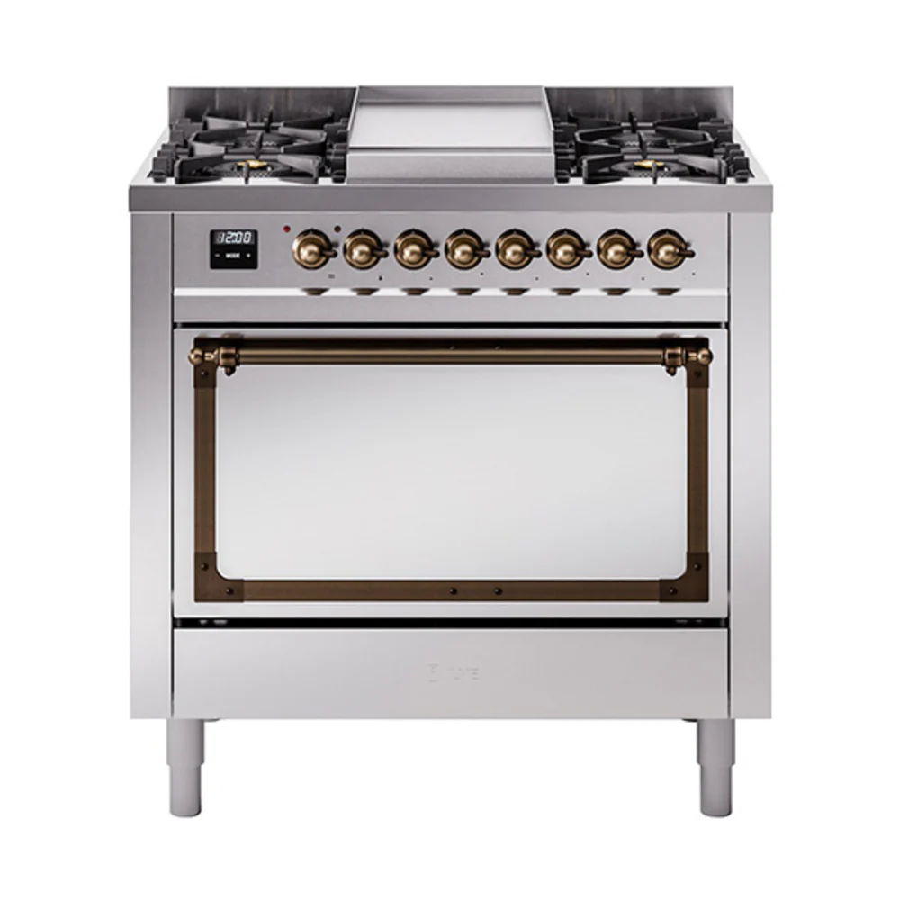 ILVE Nostalgie II Noblesse 36-Inch Dual Fuel Range and Solid Door Oven in Stainless Steel with Bronze Trim (UN36FQNMPSSB)