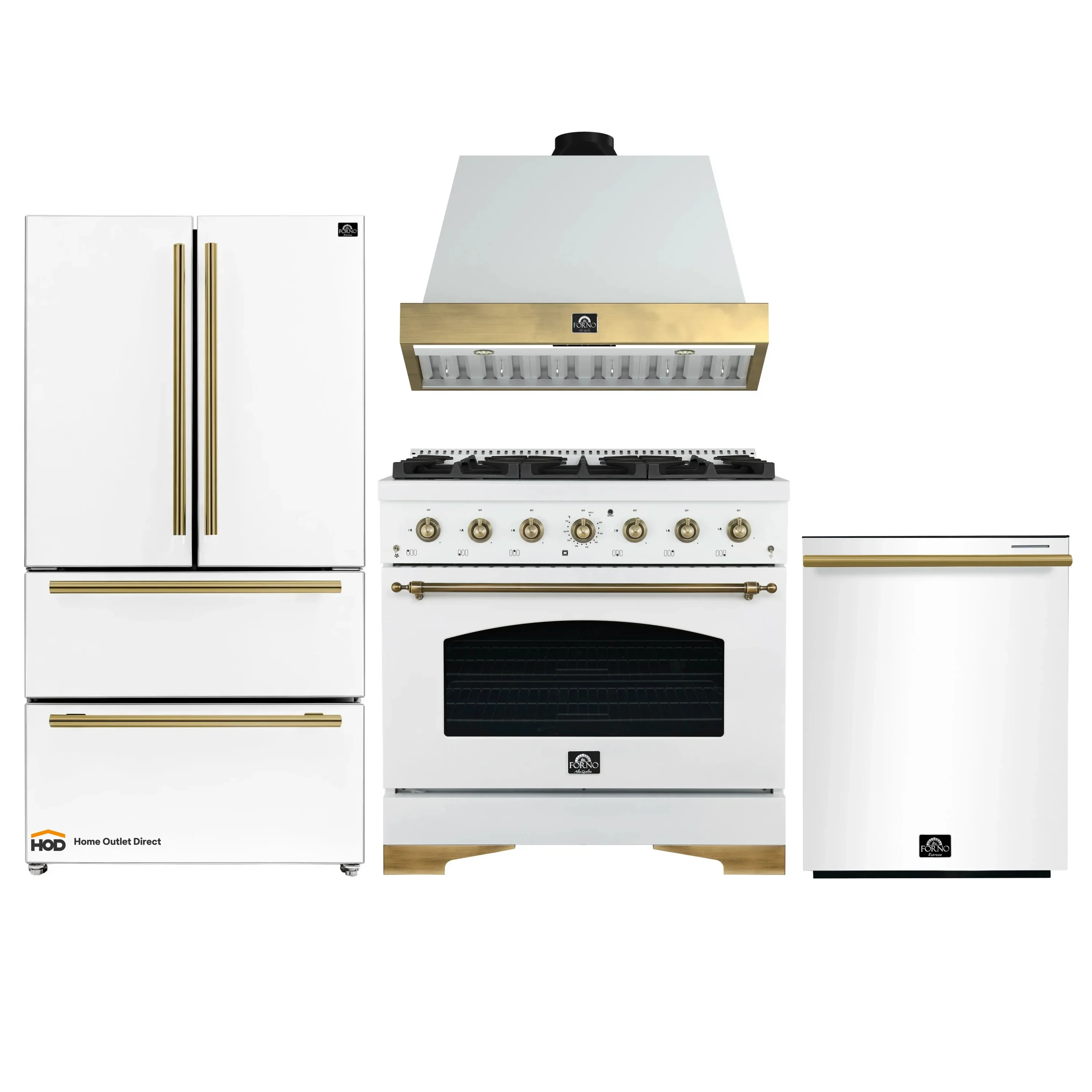 Forno Antico 4-Piece Appliance Package - 36-Inch Gas Range, 36-Inch Hood, 36-Inch Refrigerator, & 24-Inch Dishwasher in White with Antique Brass Trim