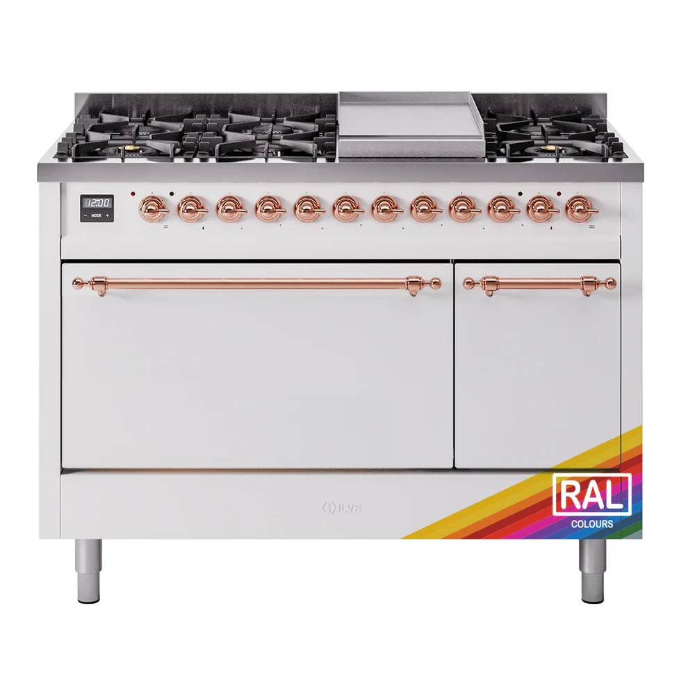 ILVE 48-Inch Nostalgie II Dual Fuel Range with 8 Burners, Griddle, and Solid Door Oven in Custom RAL with Copper Trim (UP48FQNMPRAP)