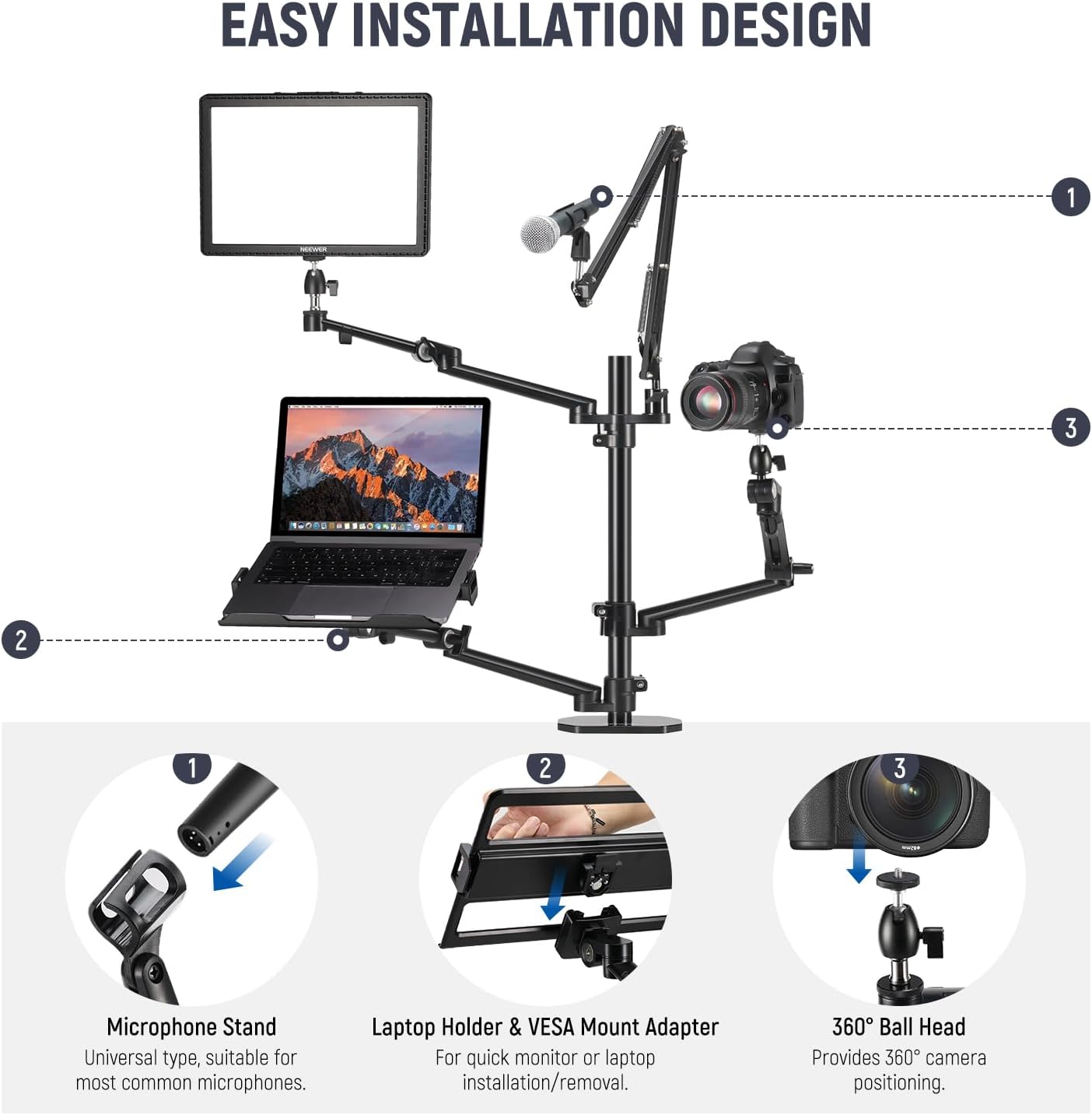 NEEWER Overhead Camera Stand Desk Mount Rig with 4 Boom Arms for Photography Video Light Ring Light Phone Mount Webcam Mic Compact DSLR for Live Streaming Broadcast Online Teaching Meeting, DS007
