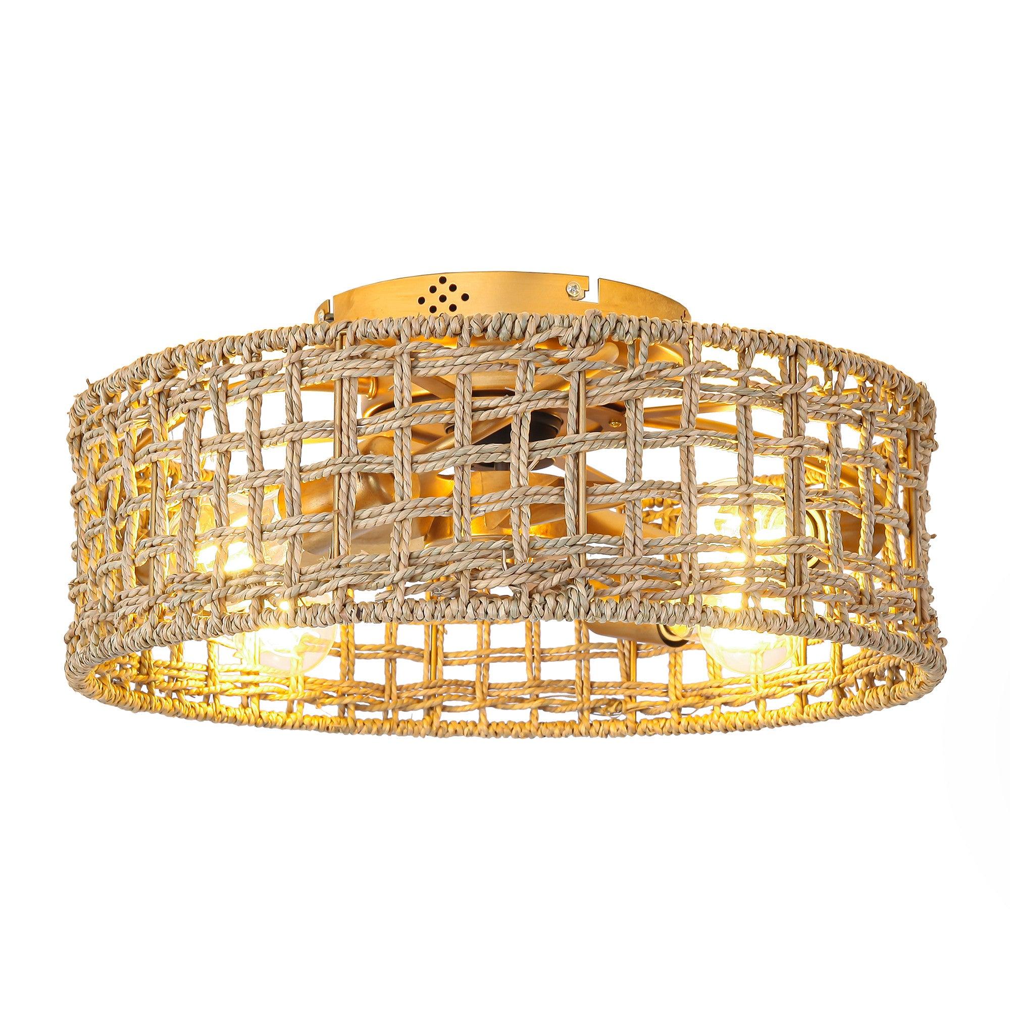 Parrot Uncle 18-Inch Vintage Gold Farmhouse Rattan Flush Mount Ceiling Fan with Light APP and Remote Control (BBF3002)