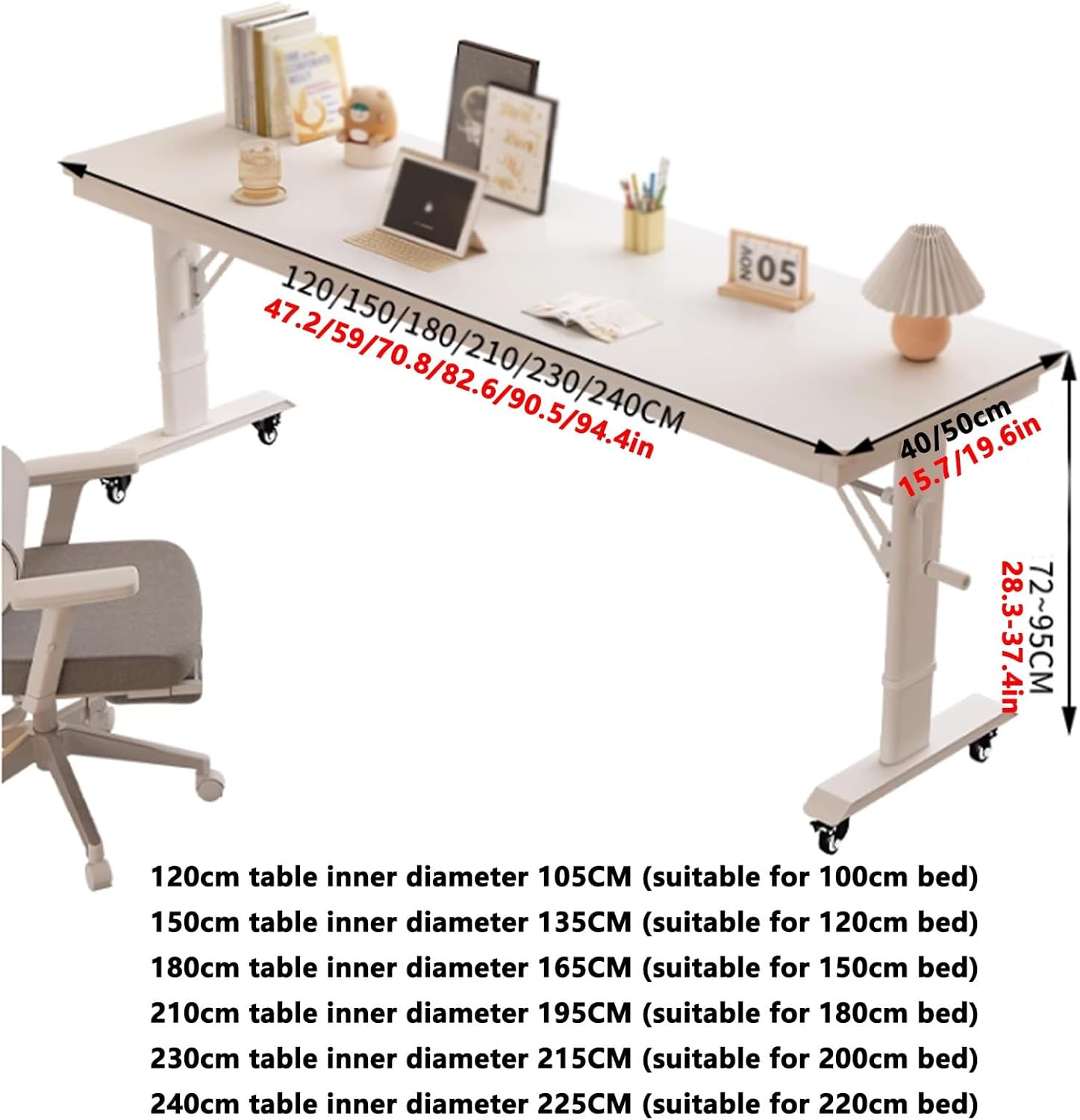Adjustable Height Overbed Table, Rolling Bed Desk with Hand Crank and 360° Wheels, Cross-Bed Computer Desk, Mobile Laptop Cart for Bedroom, King Size Beds(Black,94.4x15.7in)