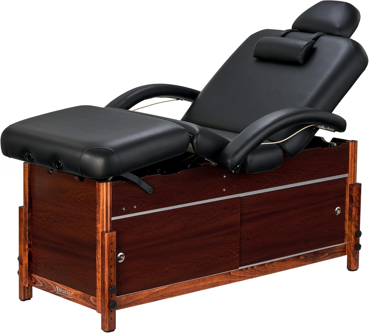Master Massage Cabrillo Stationary Massage Table - Facial Beauty Lash Bed - 4 Section Salon Spa Bed with Storage Cabinet - Pneumatic Tilting Backrest and Leg Rest, Black with Walnut Legs, 30 Inch