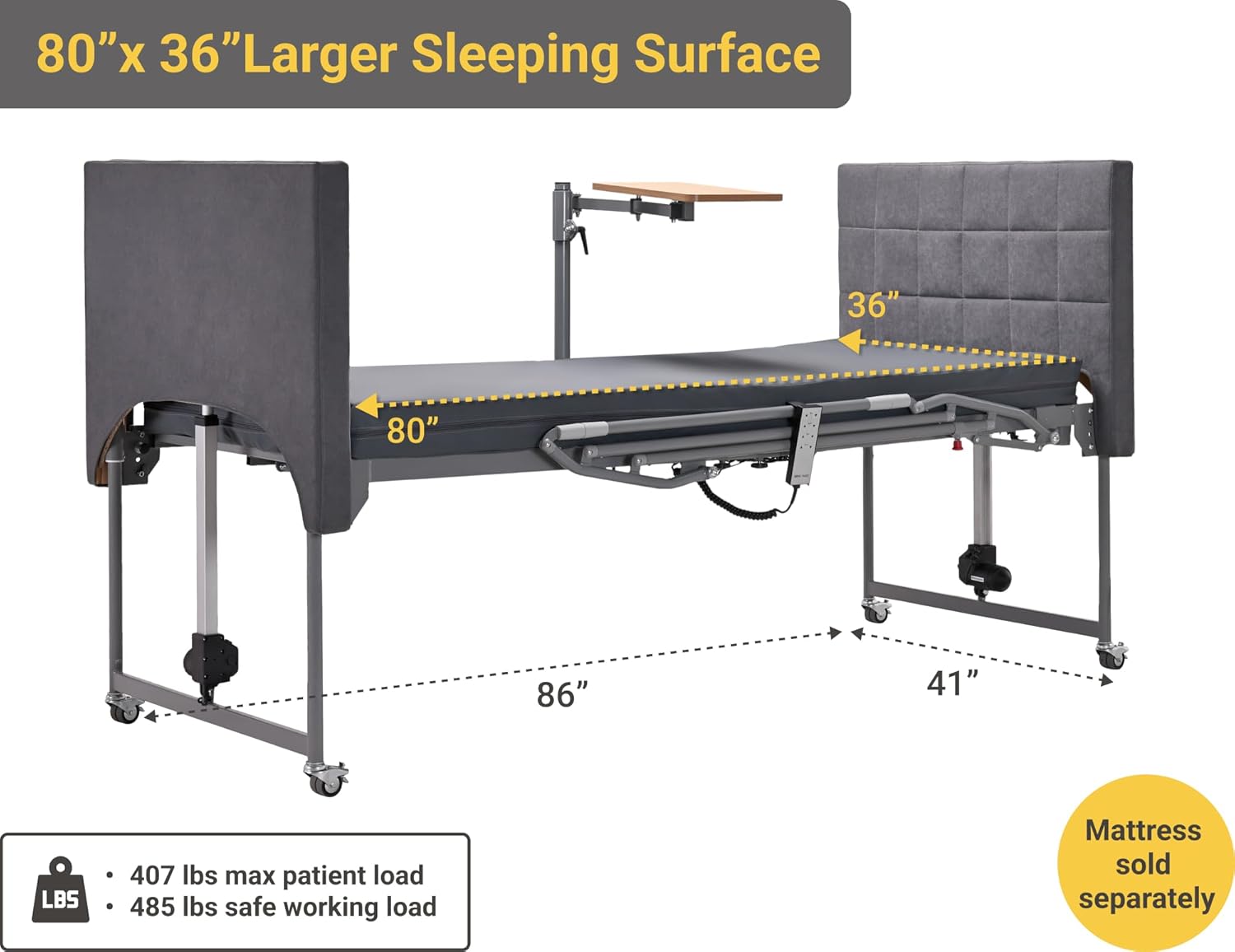 Hospital Bed with 5 Electric Functions – Advanced German Technology Medical Bed for Home Use – Overbed Table & Rails Included – Adjustable Height 8.5”-25”