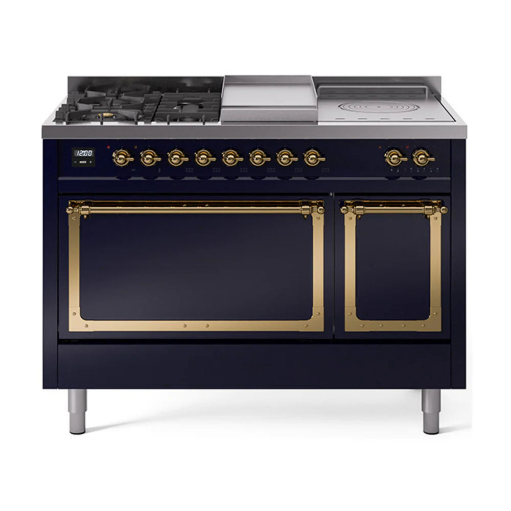 ILVE 48-Inch Nostalgie II Noblesse Dual Fuel Range with 5 Sealed Burners, Griddle, French Top and Solid Door Oven in Midnight Blue with Brass Trim (UN48FSQNMPMBG)