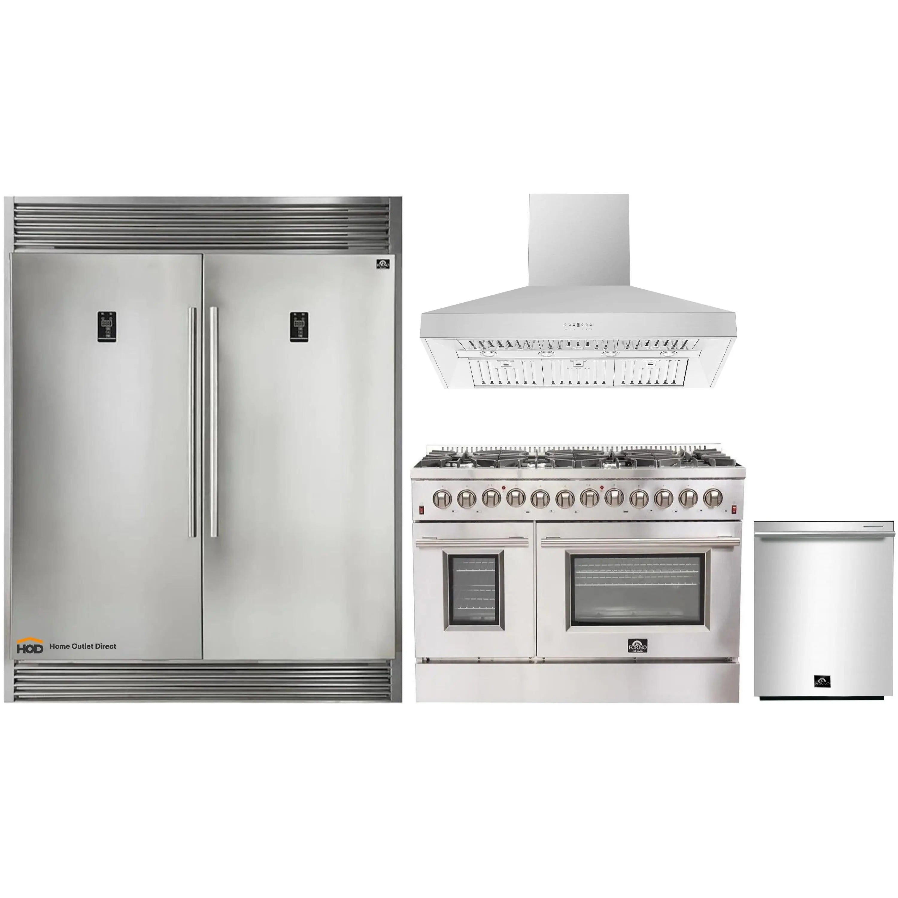 Forno 4-Piece Appliance Package - 48-Inch Dual Fuel Range, 60-Inch Pro-Style Refrigerator, Wall Mount Hood, & 3-Rack Dishwasher in Stainless Steel
