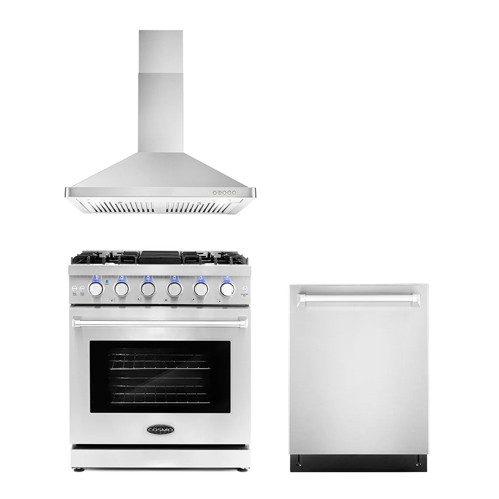Cosmo 3 - Piece Appliance Package - 30-Inch Gas Range, 30-Inch Wall Mount Range Hood and 24-Inch Dishwasher (COS-3PKG-014)