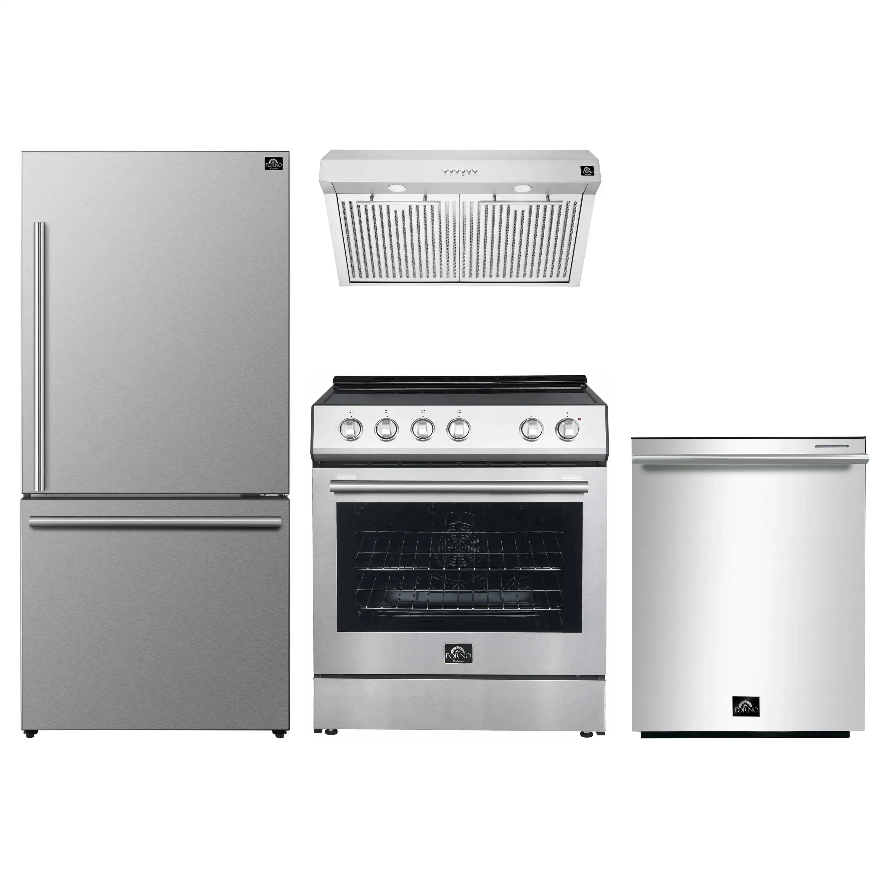 FORNO 4-Piece Appliance Package- 30-Inch Electric Range, Under Cabinet Range Hood, 31-Inch Refrigerator, and Built-In Dishwasher in Stainless Steel (FBDL-006-01US)