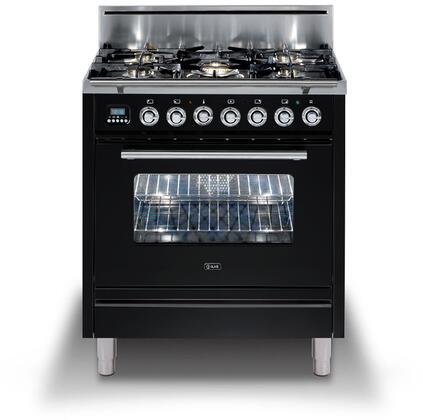 ILVE 30-Inch Professional Plus Dual Fuel Range with 5 Sealed Brass Burners - 2.7 cu. ft. Oven - in Glossy Black with Chrome Trim (UPW76DMPN)