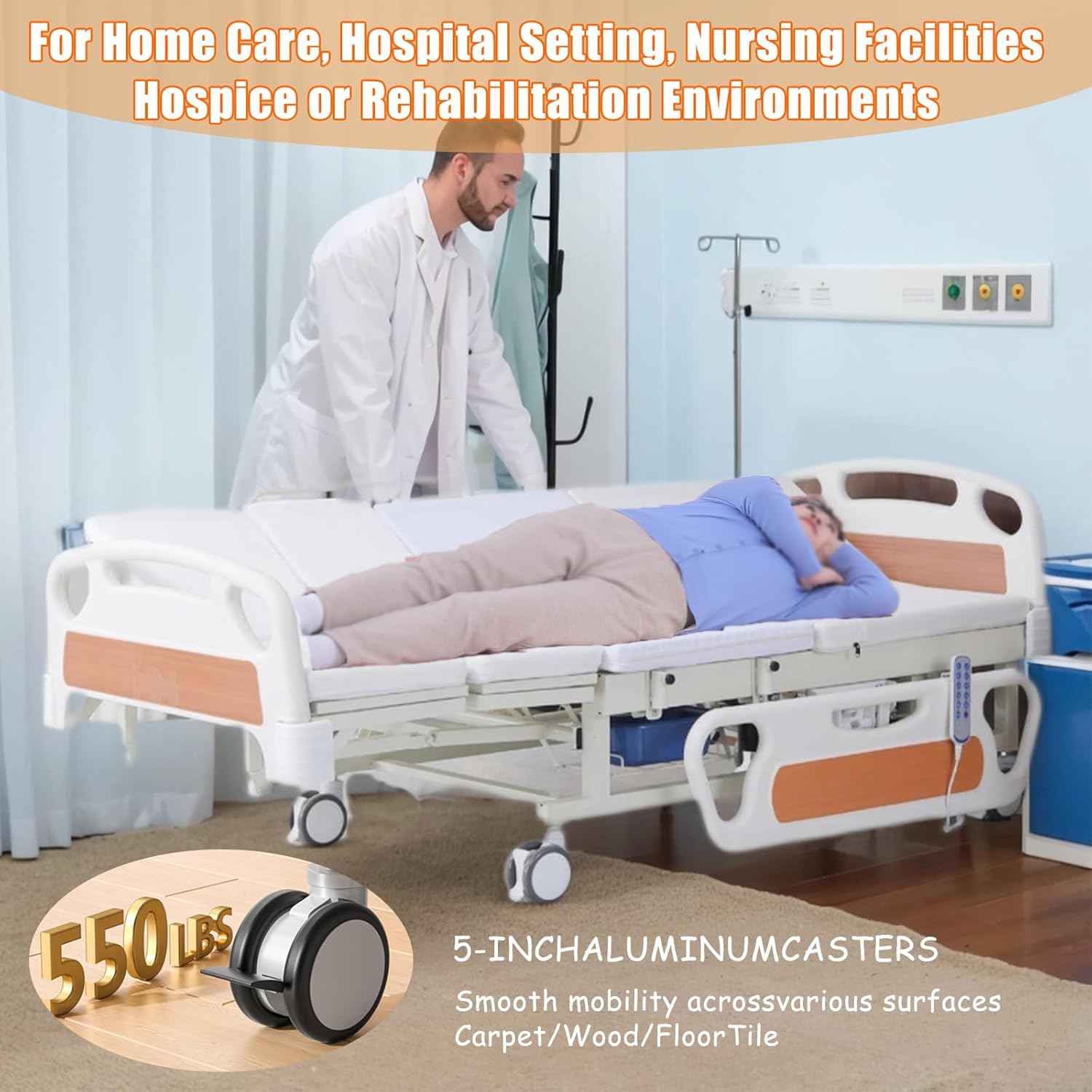 Premium Hospital Bed - 10 Function Full Electric Hospital Bed, 0-45°Timed Side Turn, Electric Medical Bed with Mattress & ABS Rails, Bedpan, Dining Table Board, IV Pole, Casters, Up to 550LBS