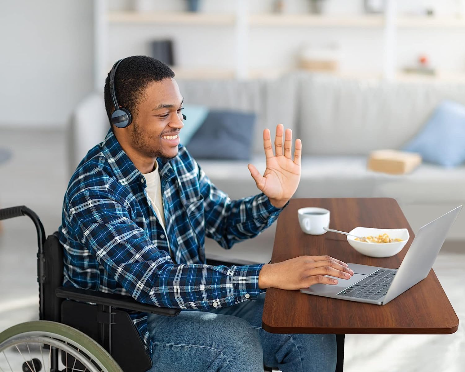 Vaunn Medical Electric Overbed Table Bedside Height Adjustable Table with Wheels (Electric-Powered, Hospital and Home Use) - Brown (Organic Modern)