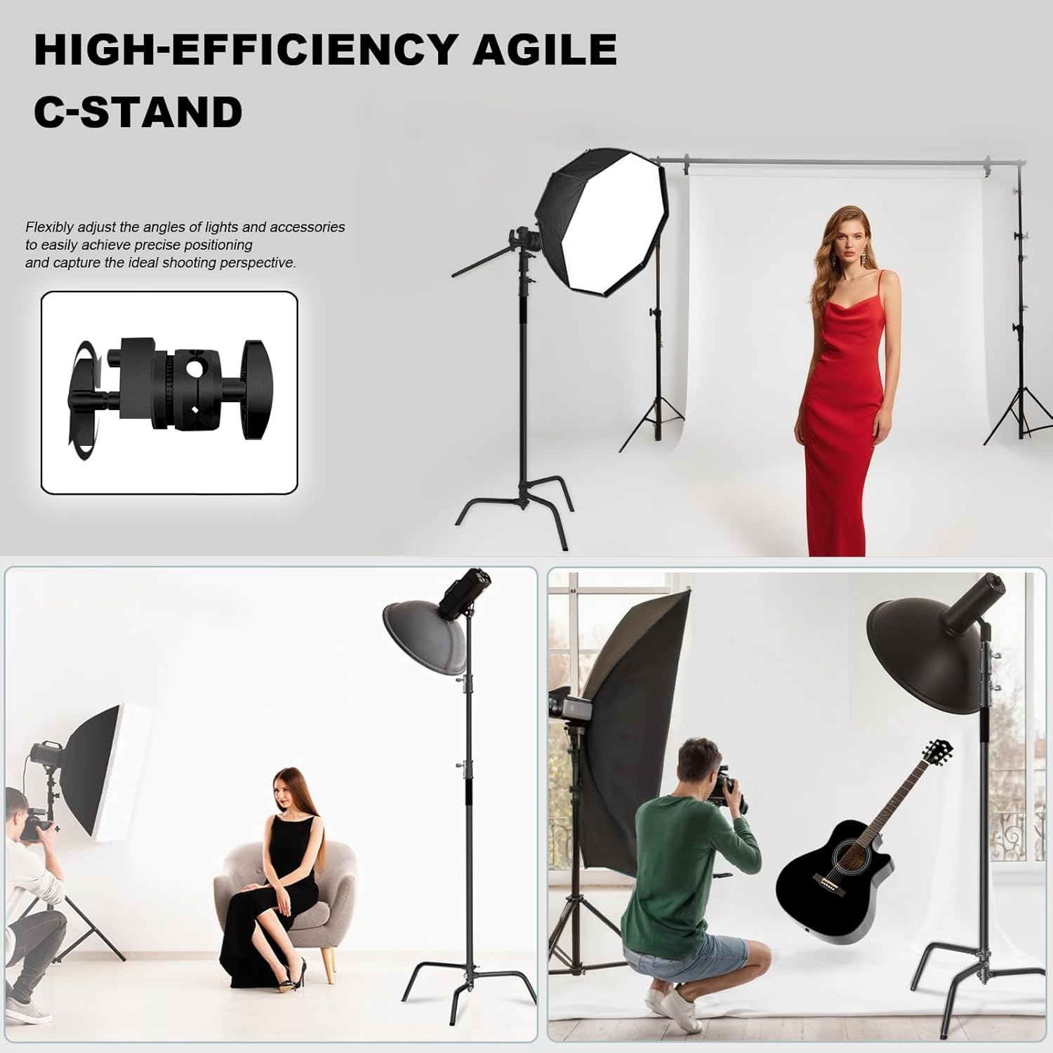 SH C Stand with Boom Arm, Heavy Duty Photography Light Stand, 6.8ft/210cm Stainless Steel C-Stand Kit with Sandbag, 2.8ft/87cm Boom for Studio Softbox and Reflector, Black