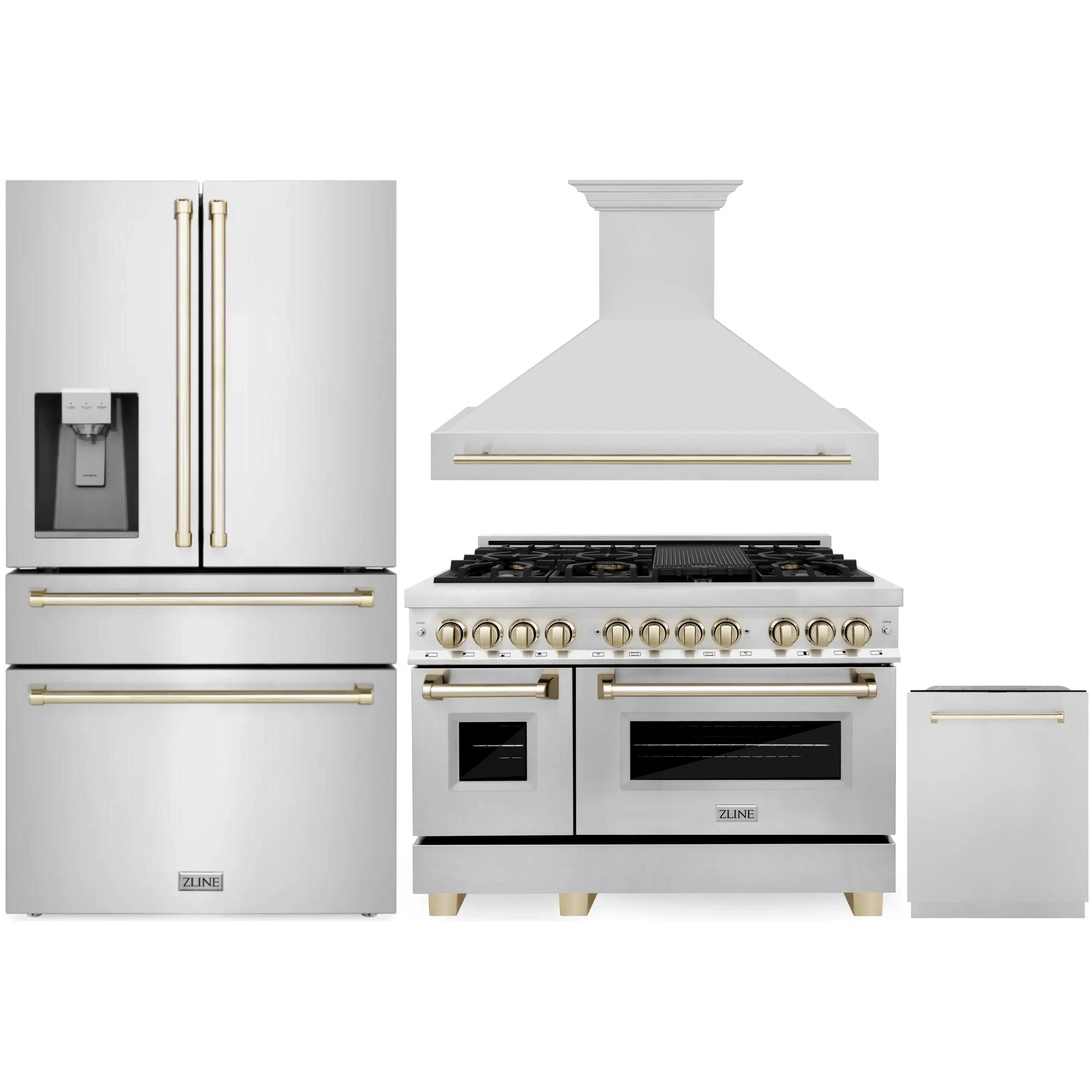 ZLINE Autograph Edition 4-Piece Appliance Package - 48-Inch Dual Fuel Range, Refrigerator with Water Dispenser, Wall Mounted Range Hood, & 24-Inch Tall Tub Dishwasher in Stainless Steel with Gold Trim (4AKPR-RARHDWM48-G)