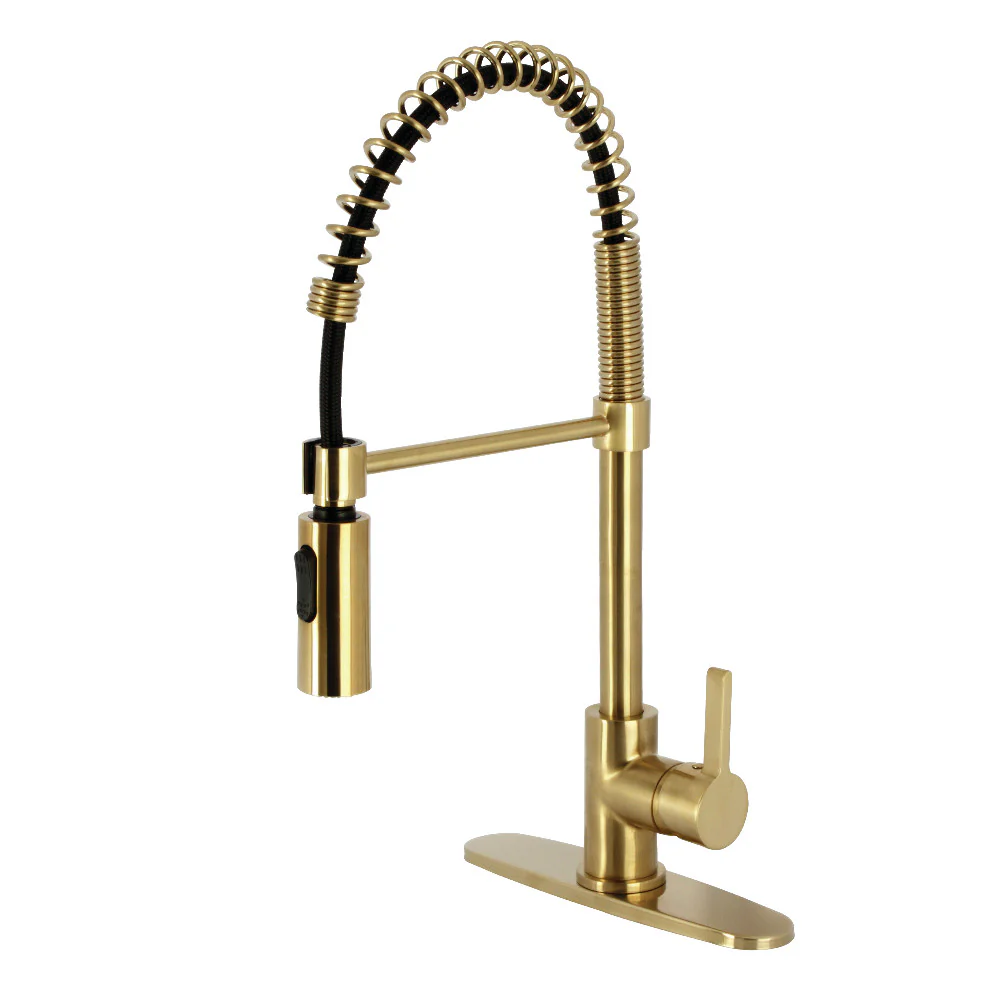Kingston Brass Gourmetier Continental Single-Handle Deck-Mount Pre-Rinse Kitchen Faucet, Brushed Brass (LS8773CTL)