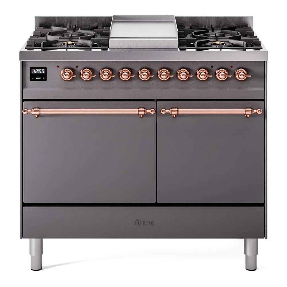 ILVE 40-Inch Nostalgie II Dual Fuel Range with 6 Burners, Griddle and Solid Door Oven in Matte Graphite with Copper Trim (UPD40FQNMPMGP)