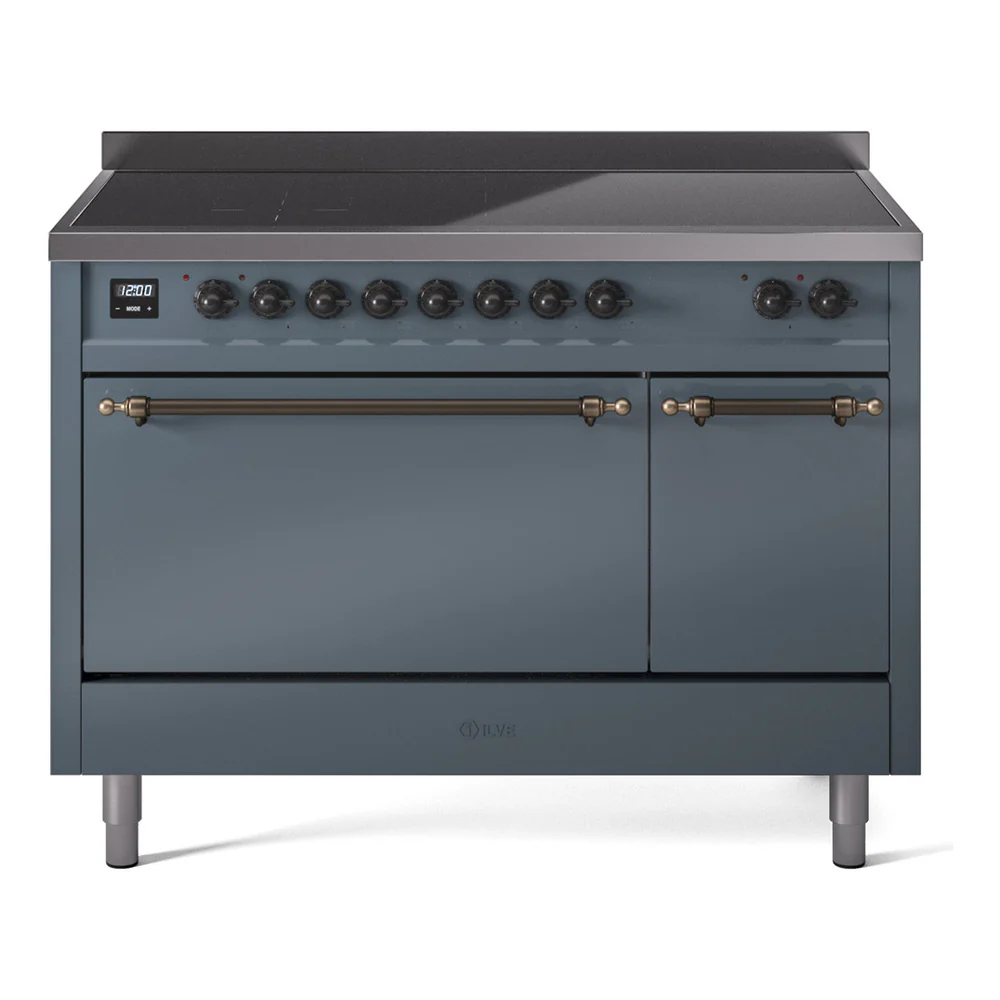 ILVE 48-Inch Nostalgie II Induction Range with Solid Door Oven in Blue Grey with Bronze Trim (UPI486QNMPBGB)