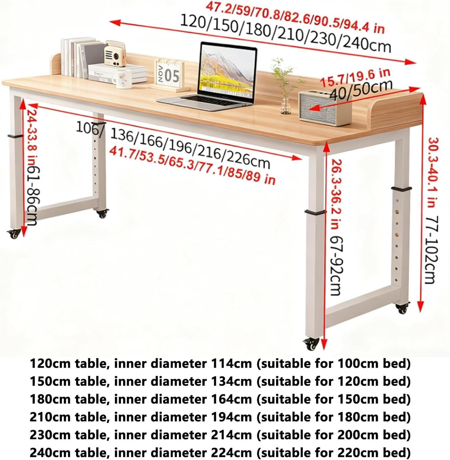 Adjustable Height Overbed Table with Wheels, Standing Mobile Over Bed Tables, Rolling Over The Bed Tables with Baffles, Computer Desk Overbed Desk for Bedroom(White,L120xW50cm/47.2x19.6in)