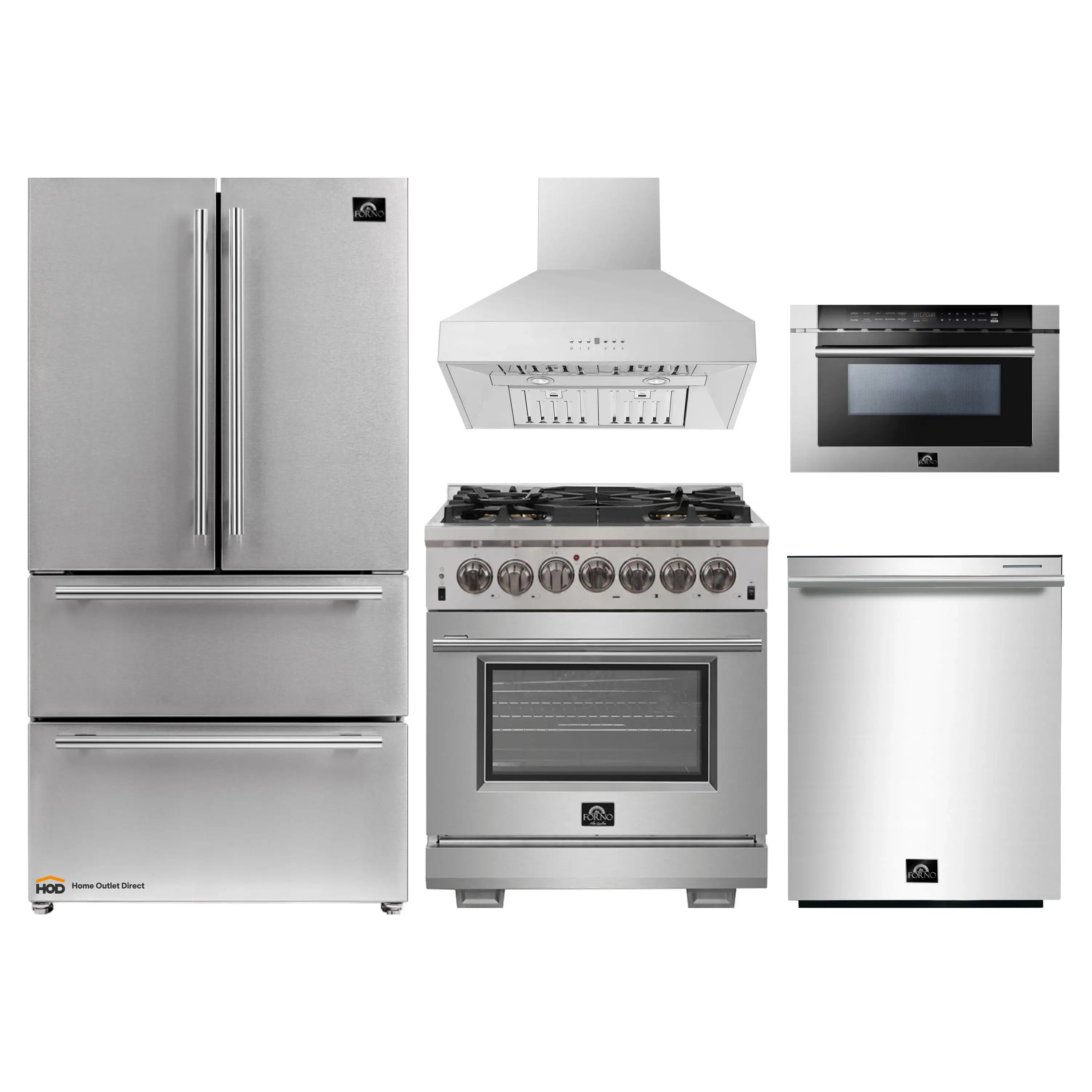 Forno 5-Piece Pro Appliance Package - 30-Inch Dual Fuel Range, Refrigerator, Wall Mount Hood, 24-Inch Microwave Drawer, & 3-Rack Dishwasher in Stainless Steel