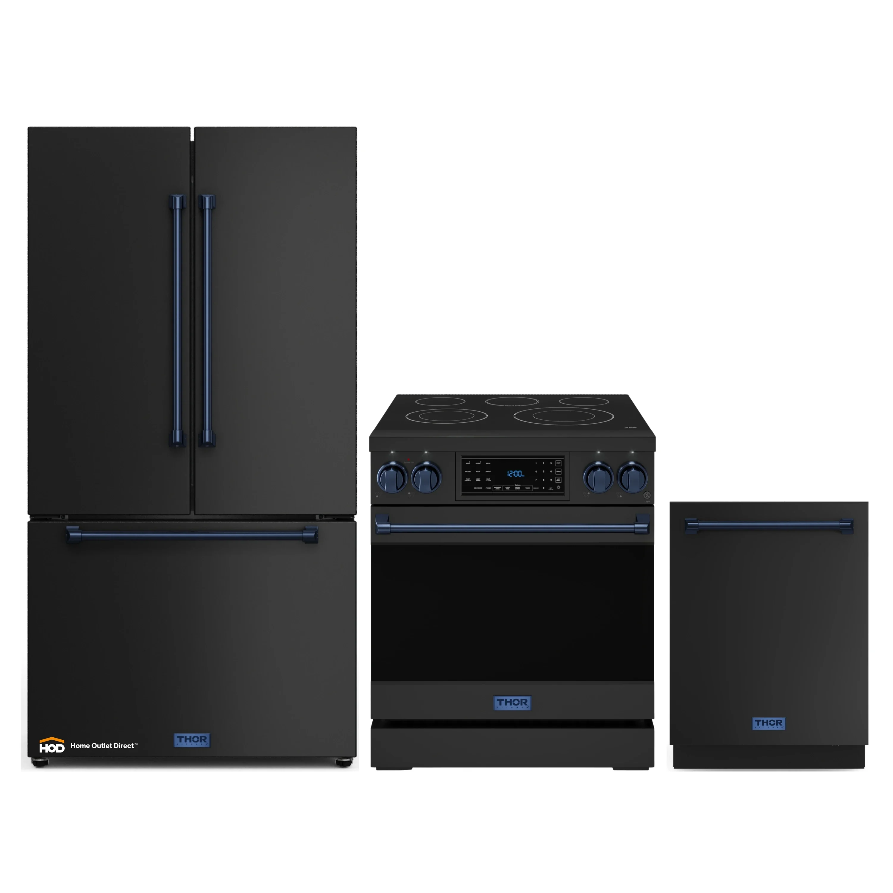 Gordon Ramsay by Thor Kitchen 3-Piece Appliance Package - 30-Inch Electric Range with Tilt Panel Touch Control, 36-Inch Refrigerator, and Dishwasher in Black with Blue Trim