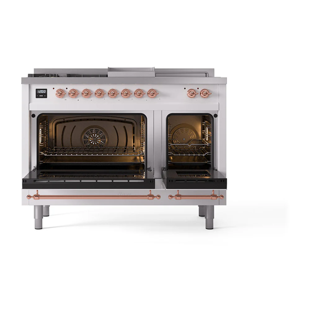 ILVE Nostalgie II 48-Inch Dual Fuel Range with 5 Burners, Griddle, & French Top, with Solid Door Oven in White with Copper Trim (UP48FSQNMPWHP)