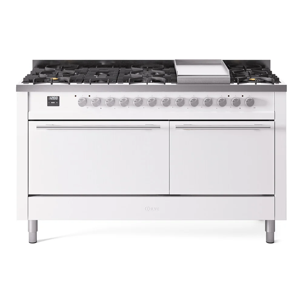 ILVE 60-inch Professional Plus II Dual Fuel Range with 9 Burners, Griddle, and Solid Door Oven in White (UP60FQMPWH)