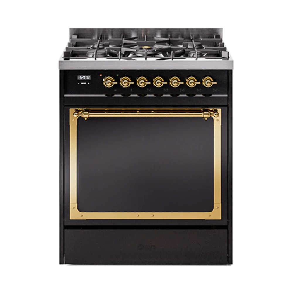 ILVE Nostalgie II Noblesse 30-Inch Dual Fuel Range with Solid Door in Glossy Black with Brass Trim (UN30QNMPBKG)