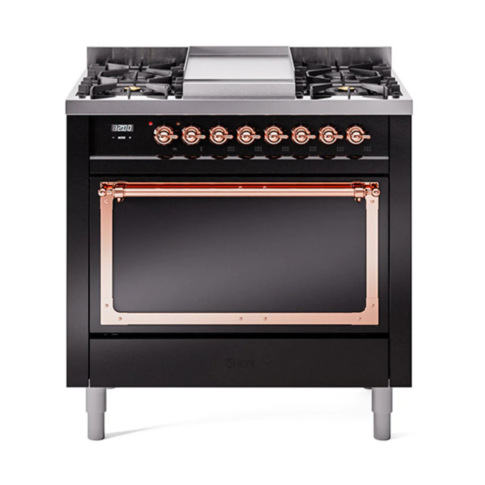 ILVE Nostalgie II Noblesse 36-Inch Dual Fuel Range and Solid Door Oven in Glossy Black with Copper Trim (UN36FQNMPBKP)