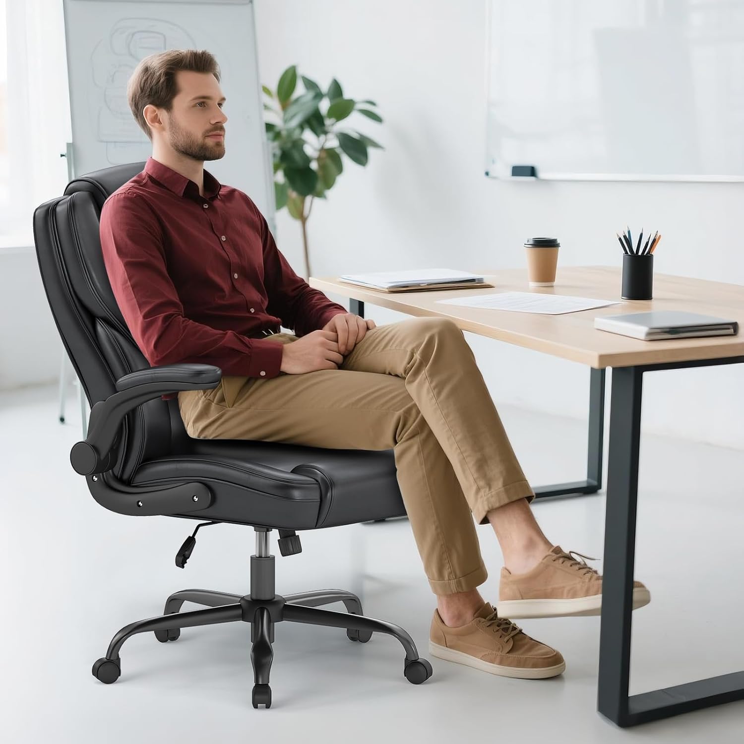 ZZH Ergonomic Executive Office Chair, Mid Back PU Leather Computer Desk Chair with Flip-Up Armrests, Lumbar Support, Adjustable Height and Rocking Function, 1PC, Black