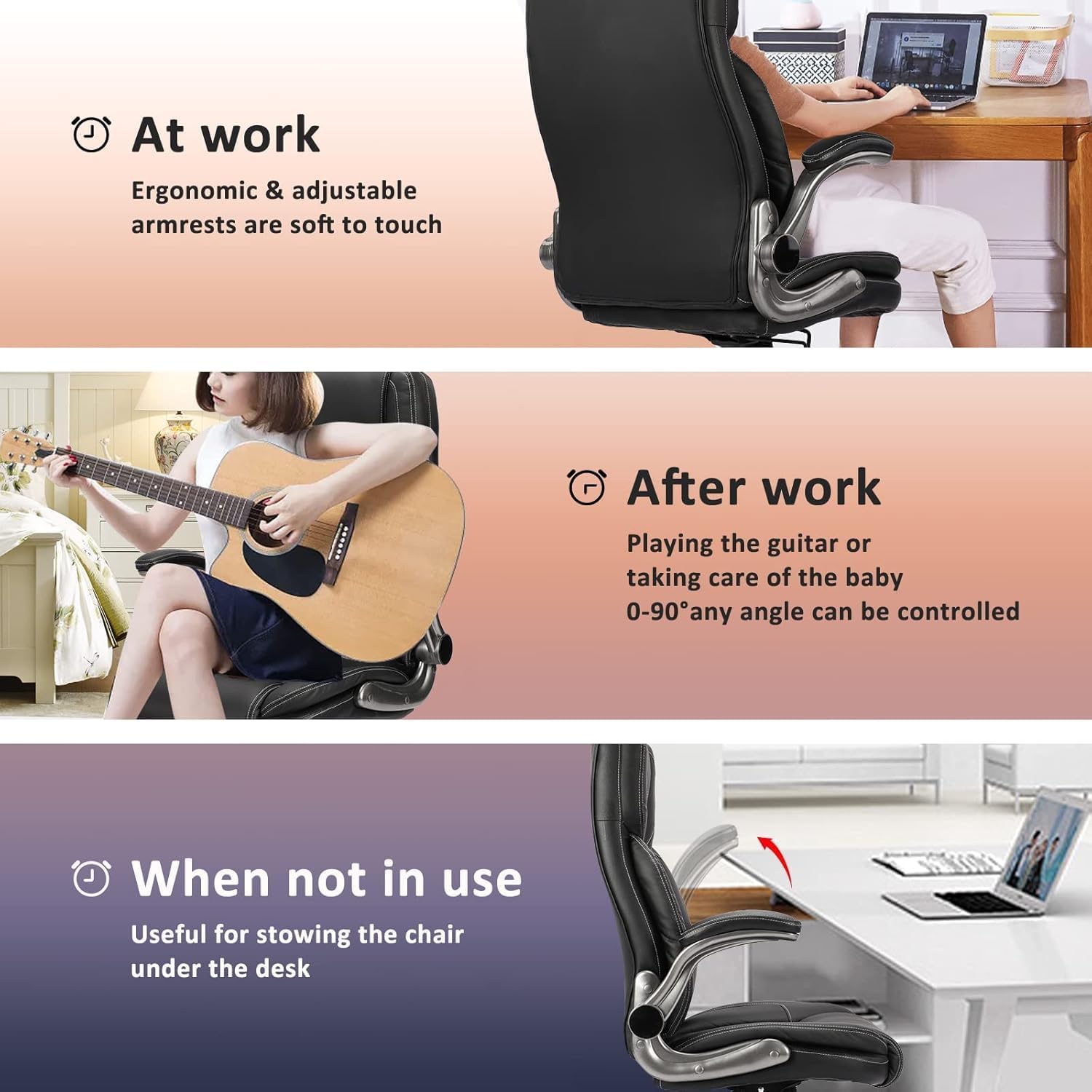 Executive PU Leather Office Chair with Wheels, High Back Ergonomic Lumbar Support Office Chairs, 90-120° Rocking Home Desk Chair with Flip up Arms, Back Support Swivel Chair(Black)