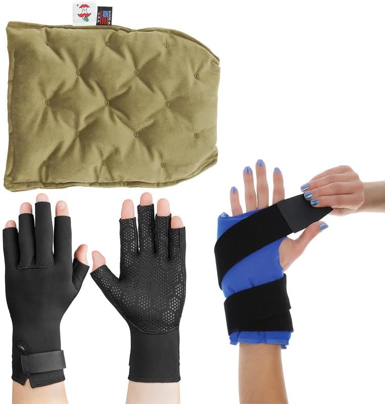 Core Products Arthritis Pain Relief Gloves Bundle - Compression Gloves, Microbead Heat Therapy Mitts, Dual Comfort Wrist Wrap, Cold Therapy Pack, Arthritis, Tendonitis, Carpal Tunnel, Swelling (Large)